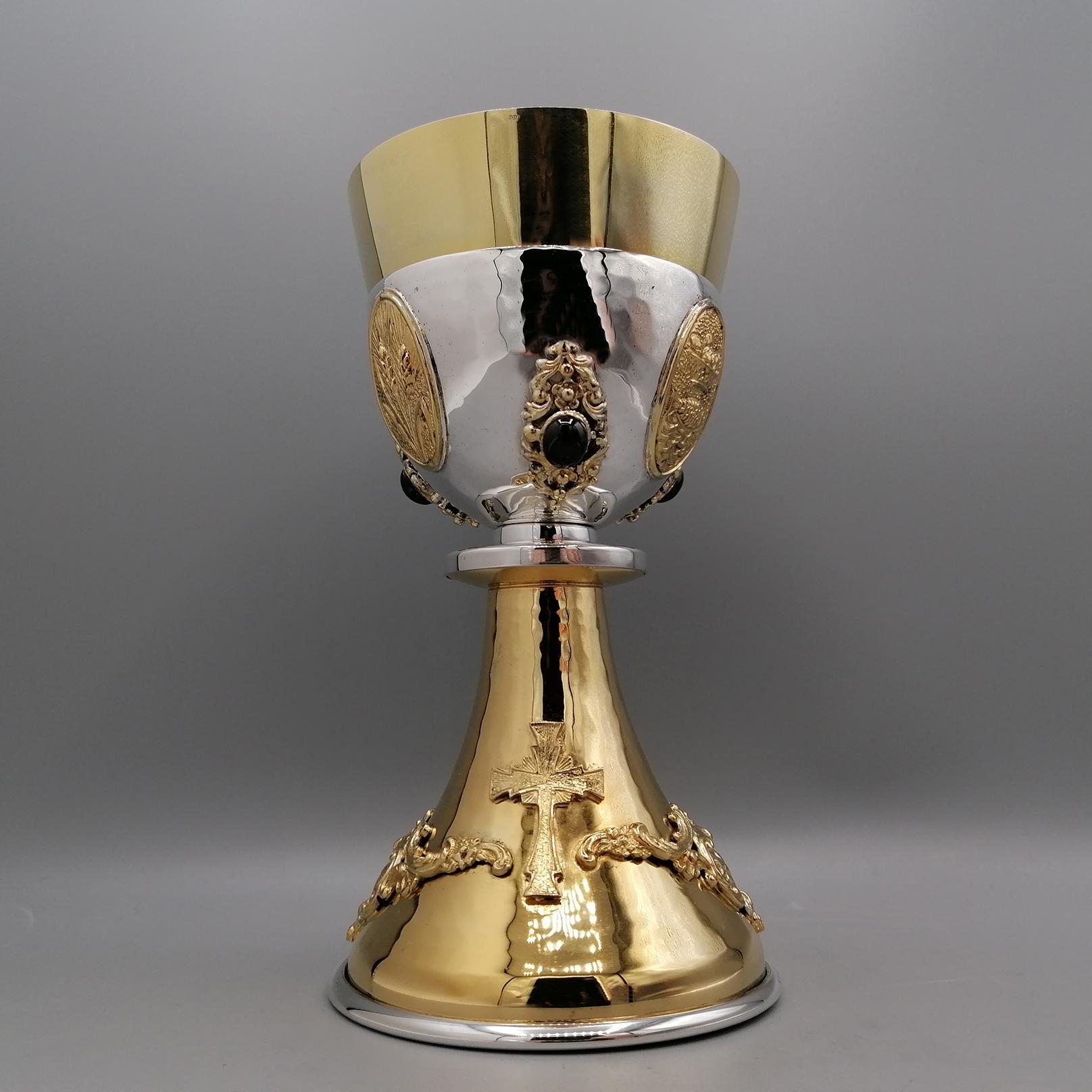 Italian Liturgical chalice in two-tone 800 solid silver with semiprecious stones For Sale