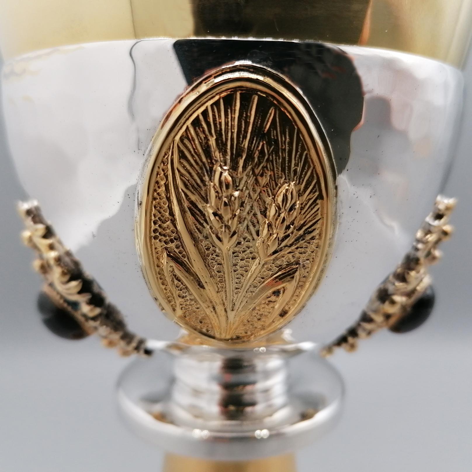 Forged Liturgical chalice in two-tone 800 solid silver with semiprecious stones For Sale