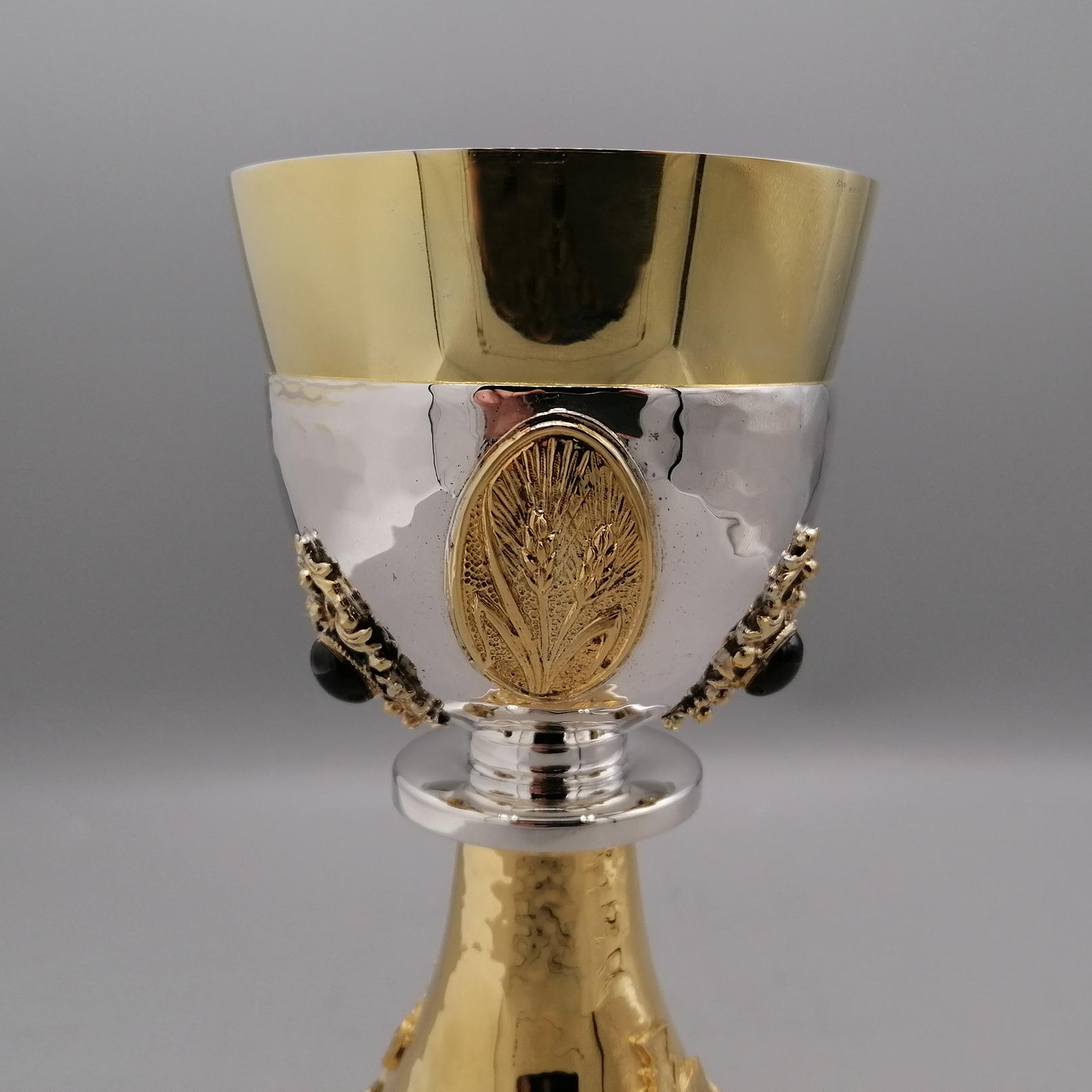 20th Century Liturgical chalice in two-tone 800 solid silver with semiprecious stones For Sale