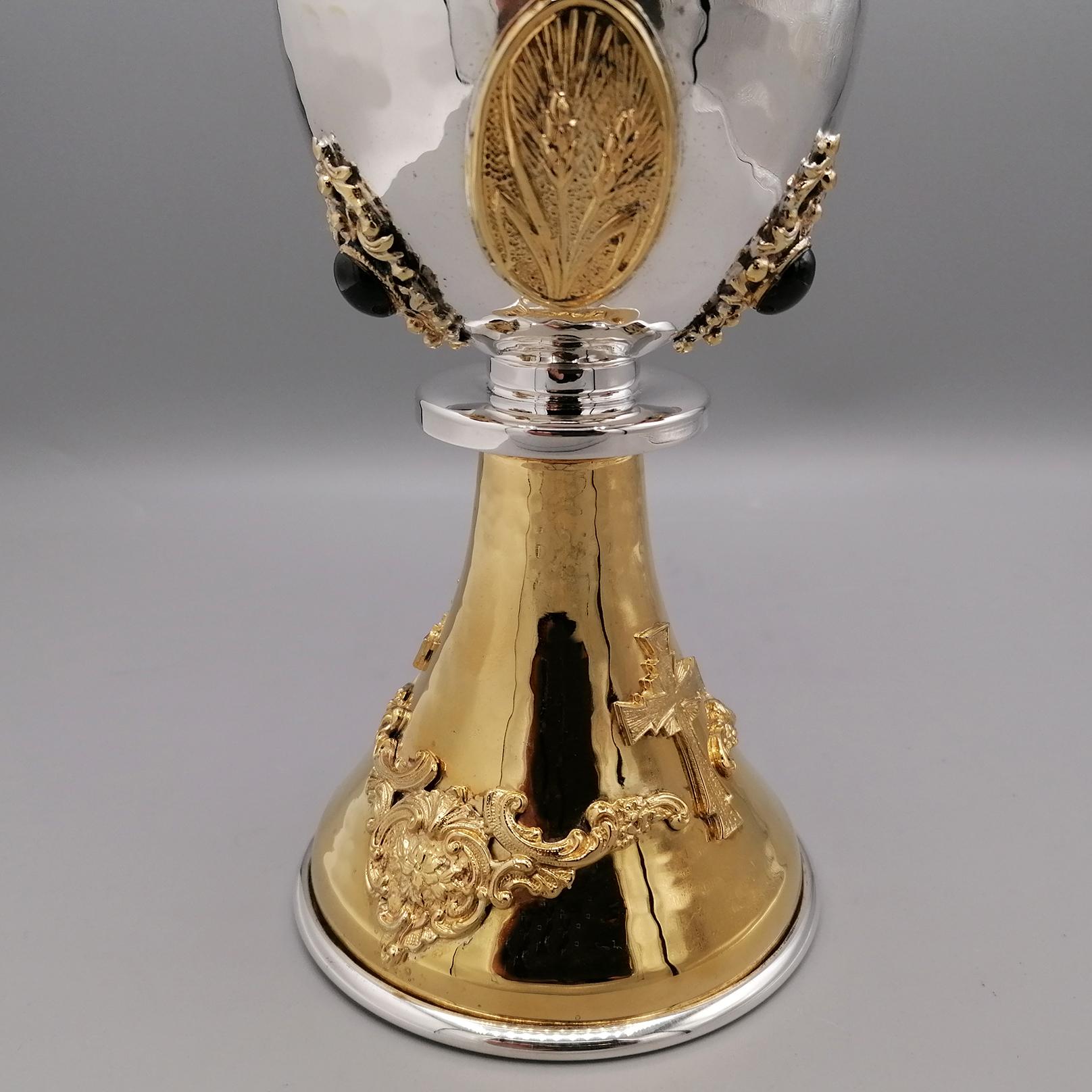Silver Liturgical chalice in two-tone 800 solid silver with semiprecious stones For Sale