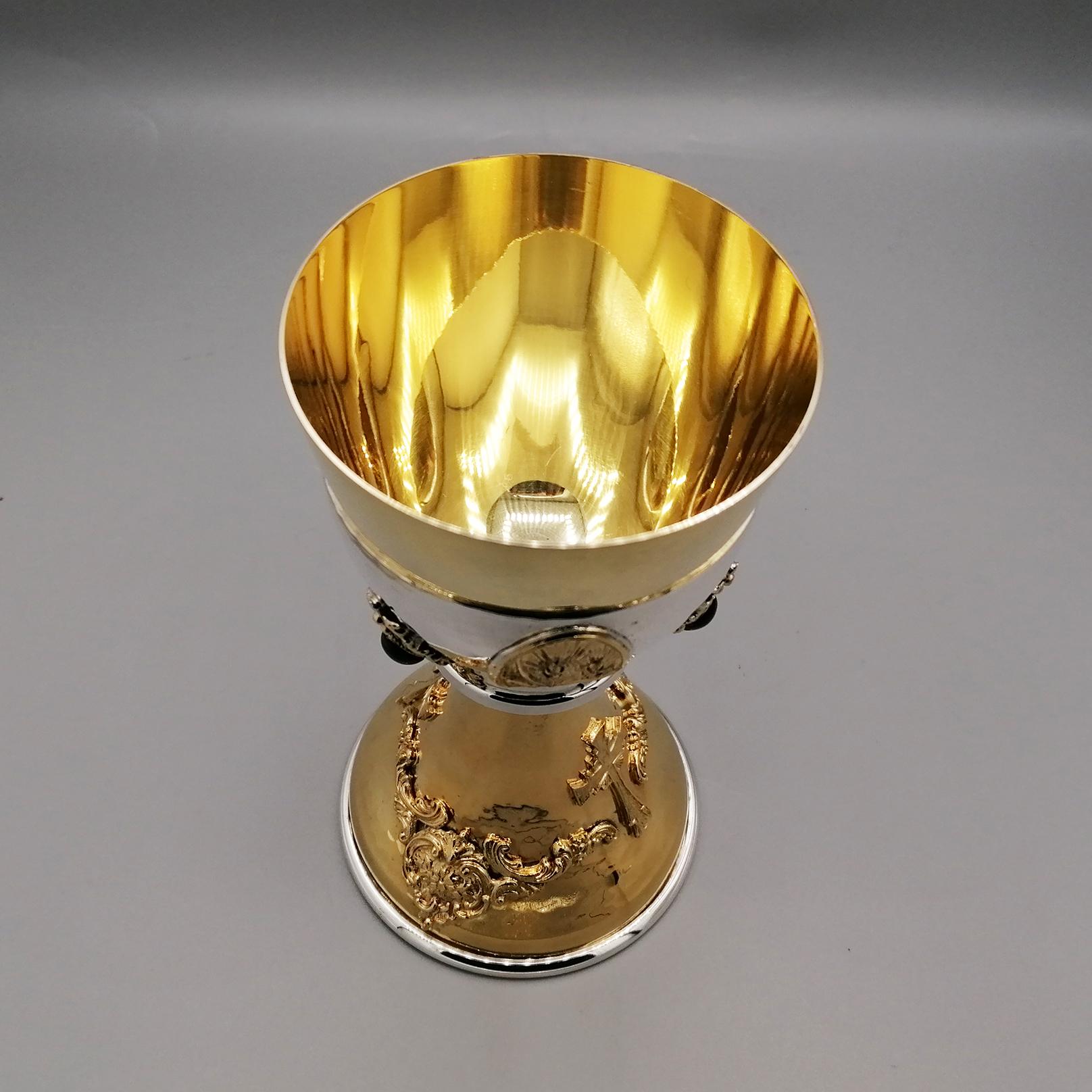 Liturgical chalice in two-tone 800 solid silver with semiprecious stones For Sale 1