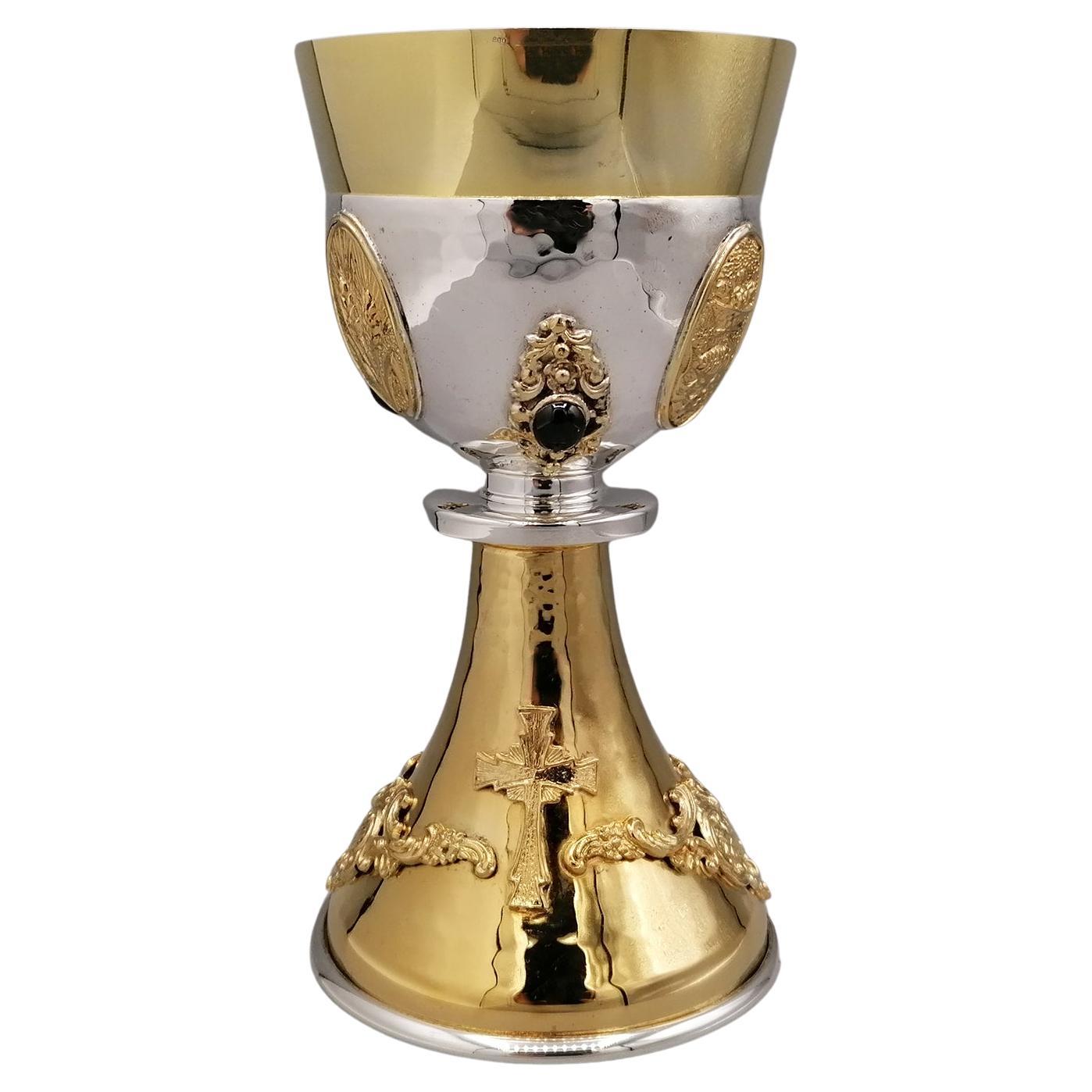 Liturgical chalice in two-tone 800 solid silver with semiprecious stones