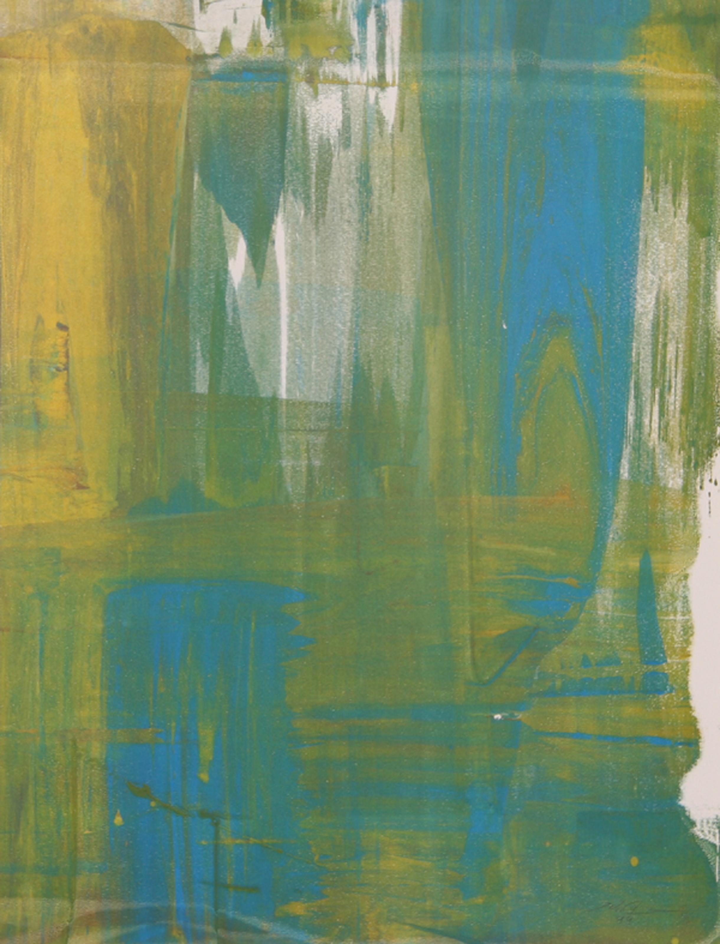 Liu Jian, Chinese (1961 - ) - V, Year:  1999, Medium:  Monoprint, signed and dated in pencil, Size:  25  x 19 in. (63.5  x 48.26 cm), Description:  An Abstract Expressionist monoprint on paper by Chinese-Canadian artist Liu Jian. This colorful piece