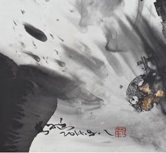 Shimmering Moon III, Contemporary Asian Abstract Painting Black White Ink Gold