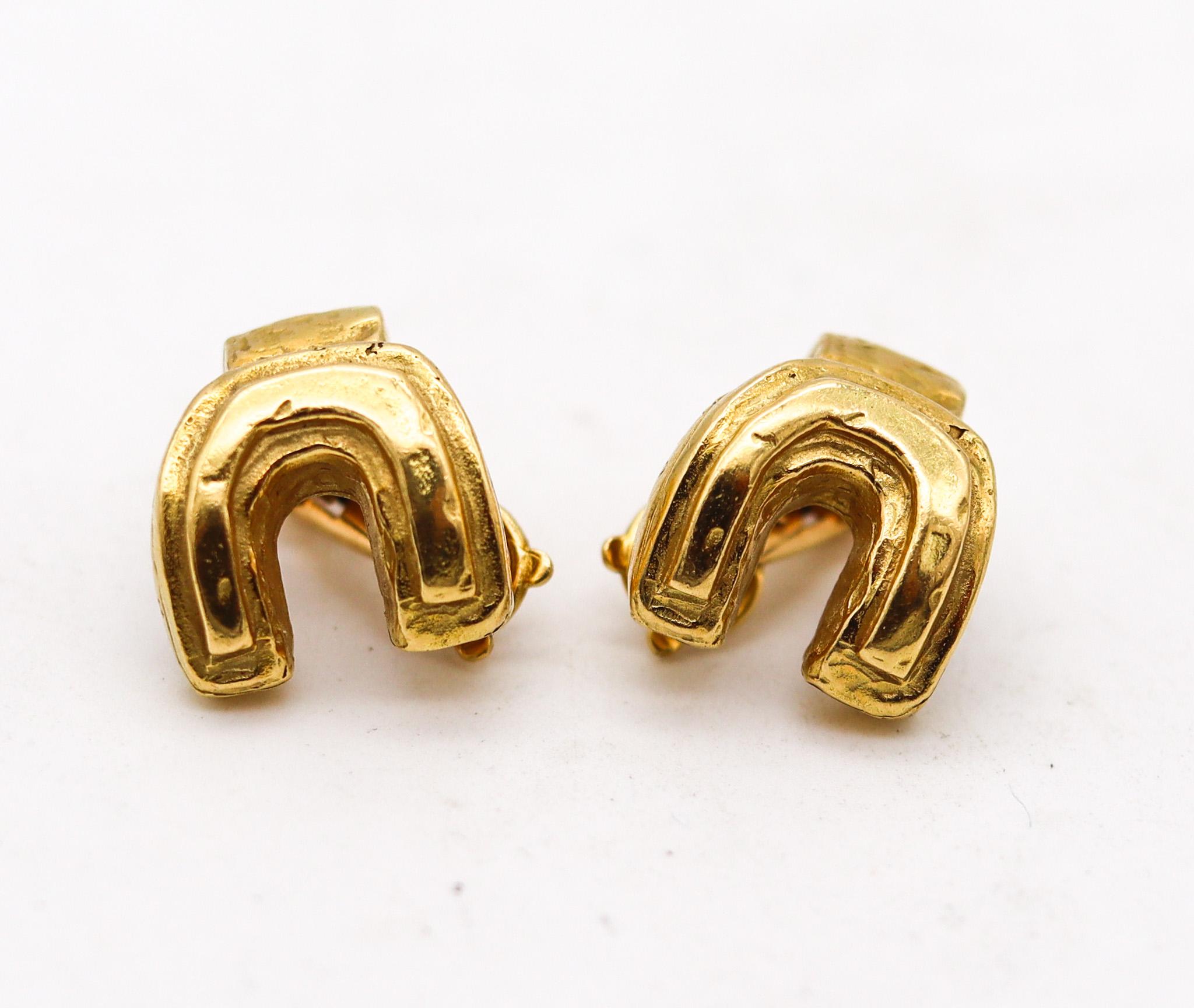 Sculptural clip earrings designed by Liuba Wolf.

Extremely rare sculptural clips on earrings, created in Sao Paulo Brazil by the artist Liuba Wolf, back in the 1970. This fantastic pair is a one of a kind and has been crafted with concretism art