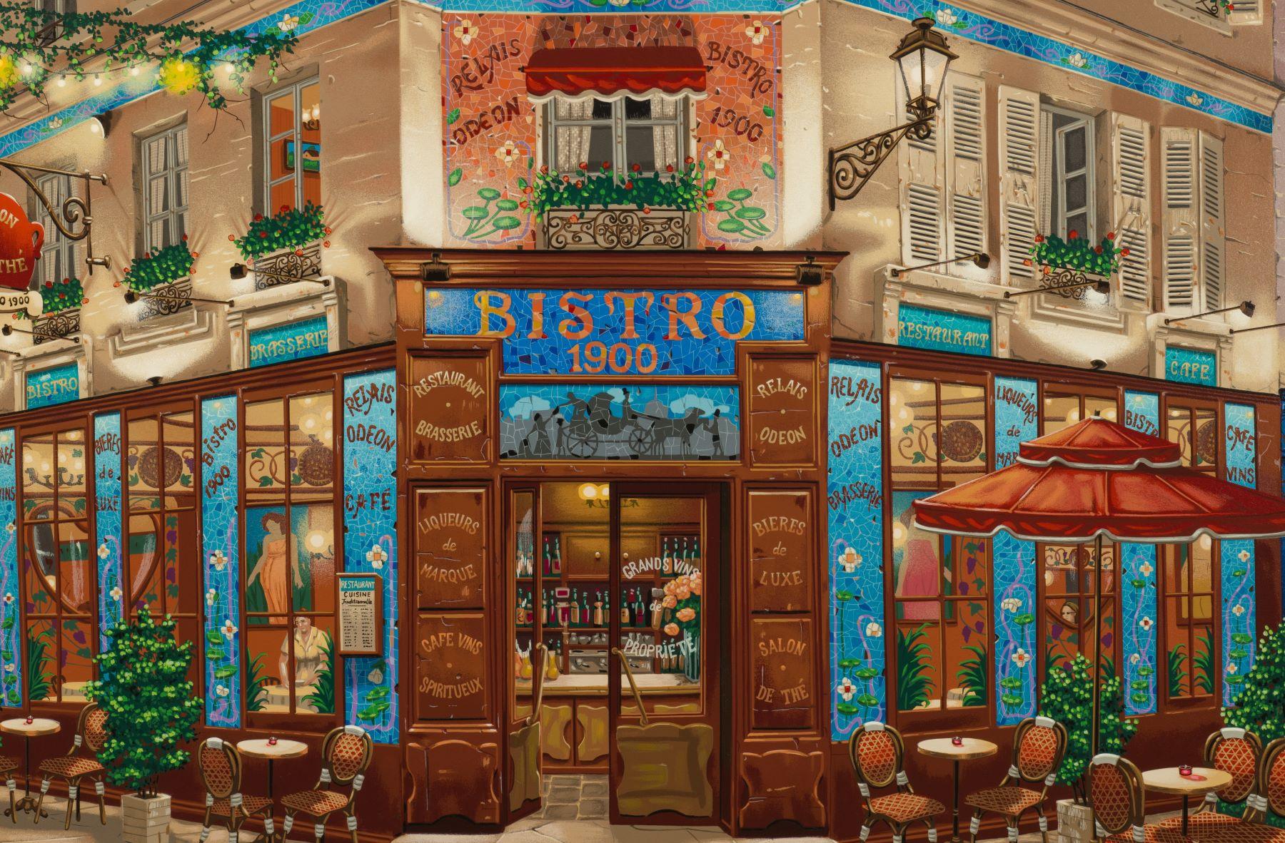 Bistro 1900 is a serigraph on black paper with an image size of 24 x 36 inches, signed ‘Kondakova’ lower right and numbered lower left. From the edition of 525 and numbered 38/100 (there were also 200 Arabic on white paper, 25 APs, 100 Roman, and