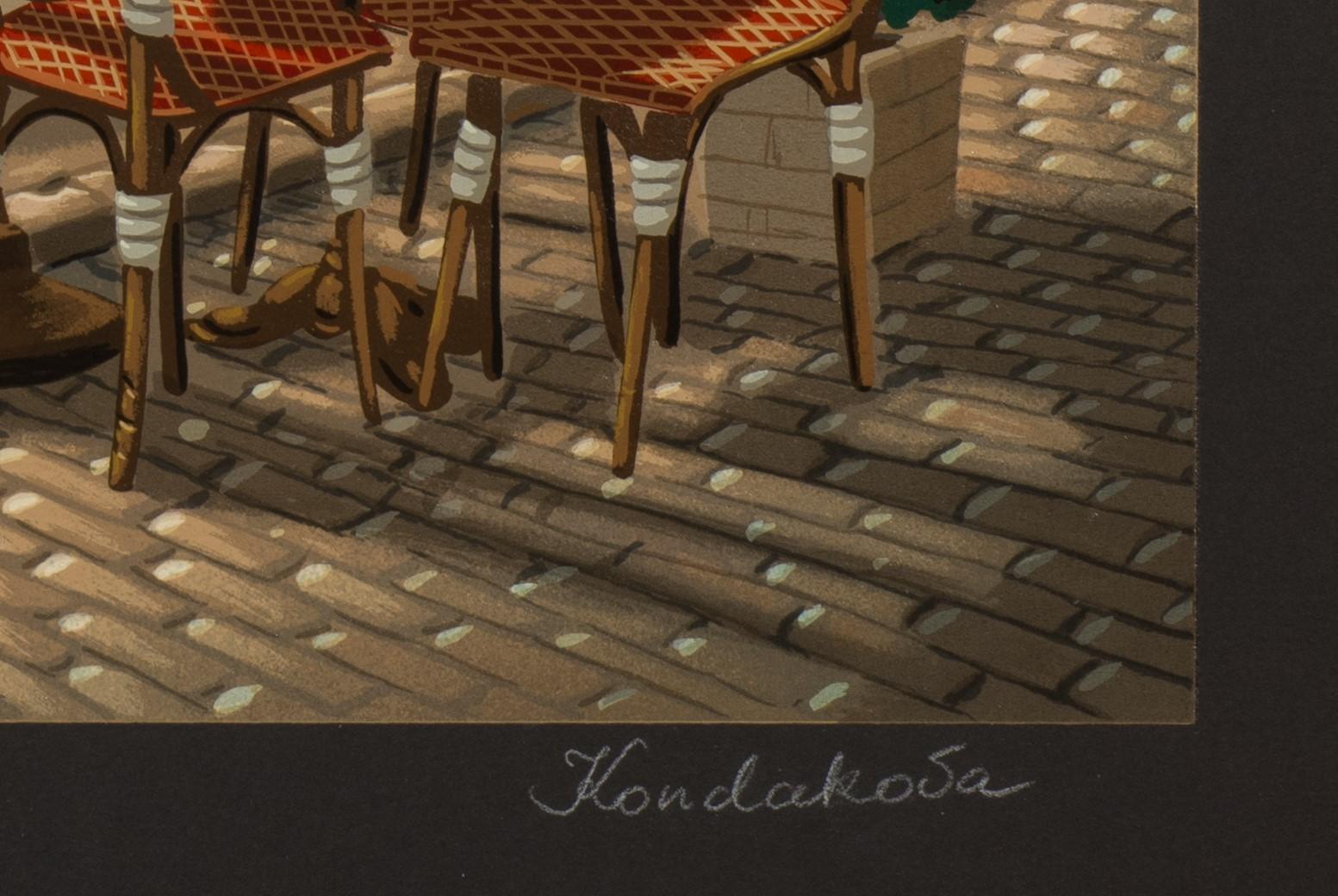 Bistro 1900 is a serigraph on black paper with an image size of 24 x 36 inches, signed ‘Kondakova’ lower right and numbered lower left. From the edition of 525 and numbered 38/100 (there were also 200 Arabic on white paper, 25 APs, 100 Roman, and