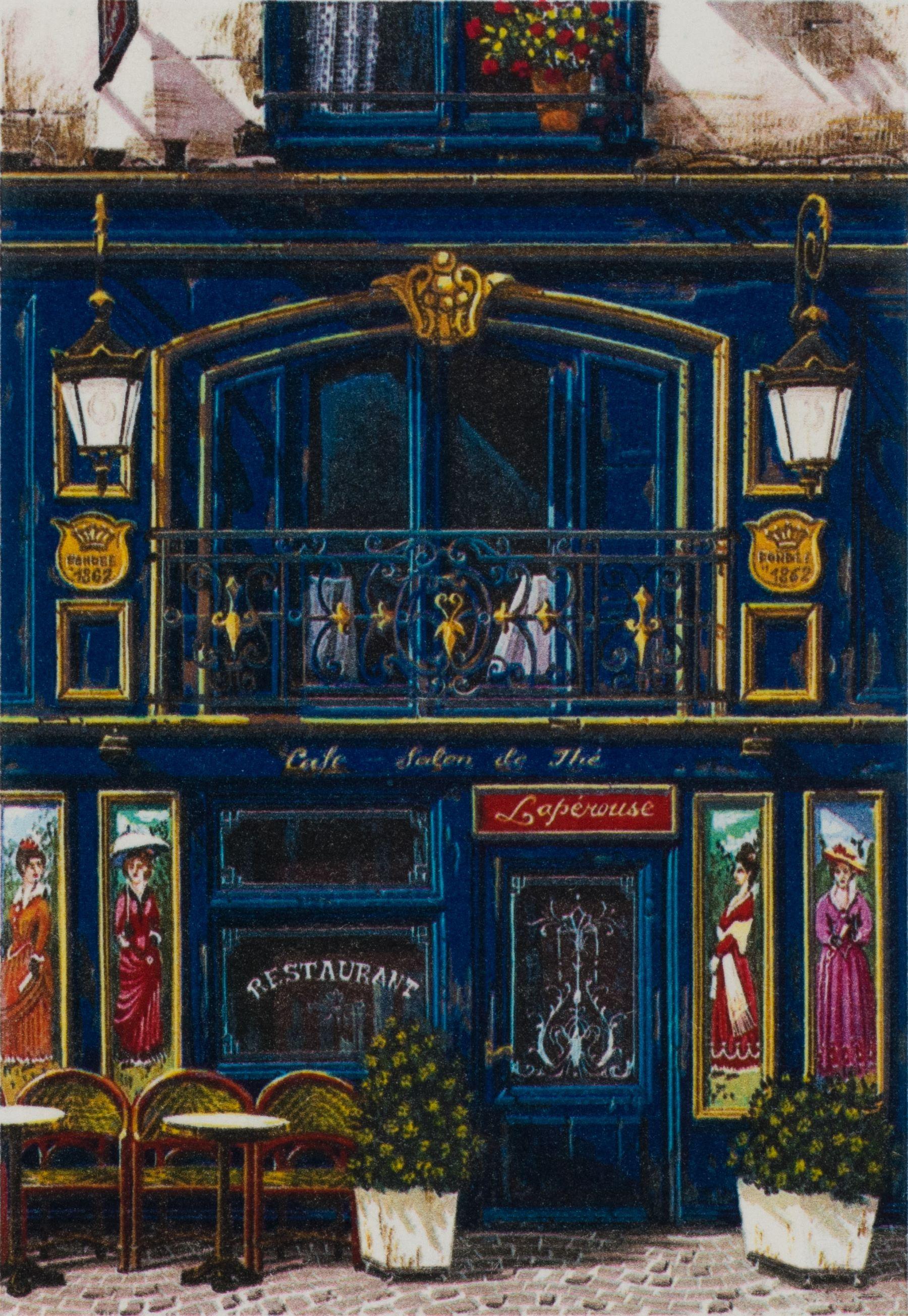 Café Salon de Thé is a lithograph on paper with an image size of 4.25 x 2.75 inches, inititaled 'LK' lower right and annotated lower left, framed in a gold-tone classic 'reed and ribbon' moulding. Numbered 161/295, from the edition of 325 (there