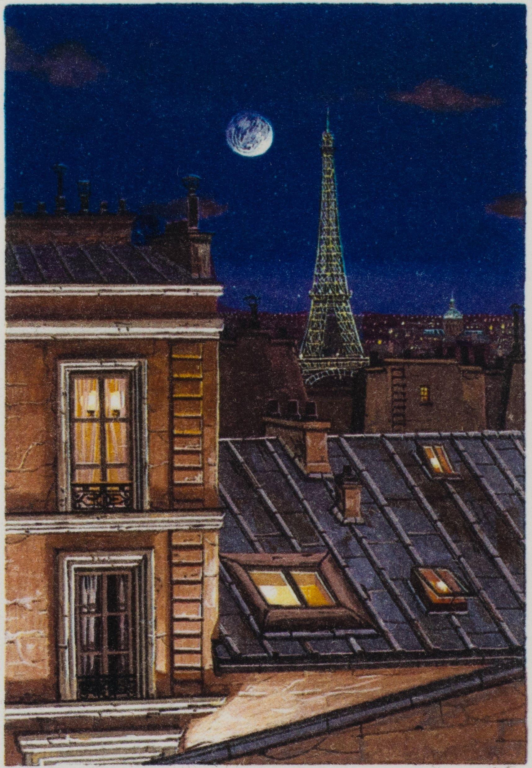 Eiffel Tower at Midnight is a lithograph on paper with an image size of 2.75 x 2 inches, inititaled 'LK' lower right and annotated lower left, framed in a gold-tone classic 'reed and ribbon' moulding. Numbered 173/295, from the edition of 325 (there
