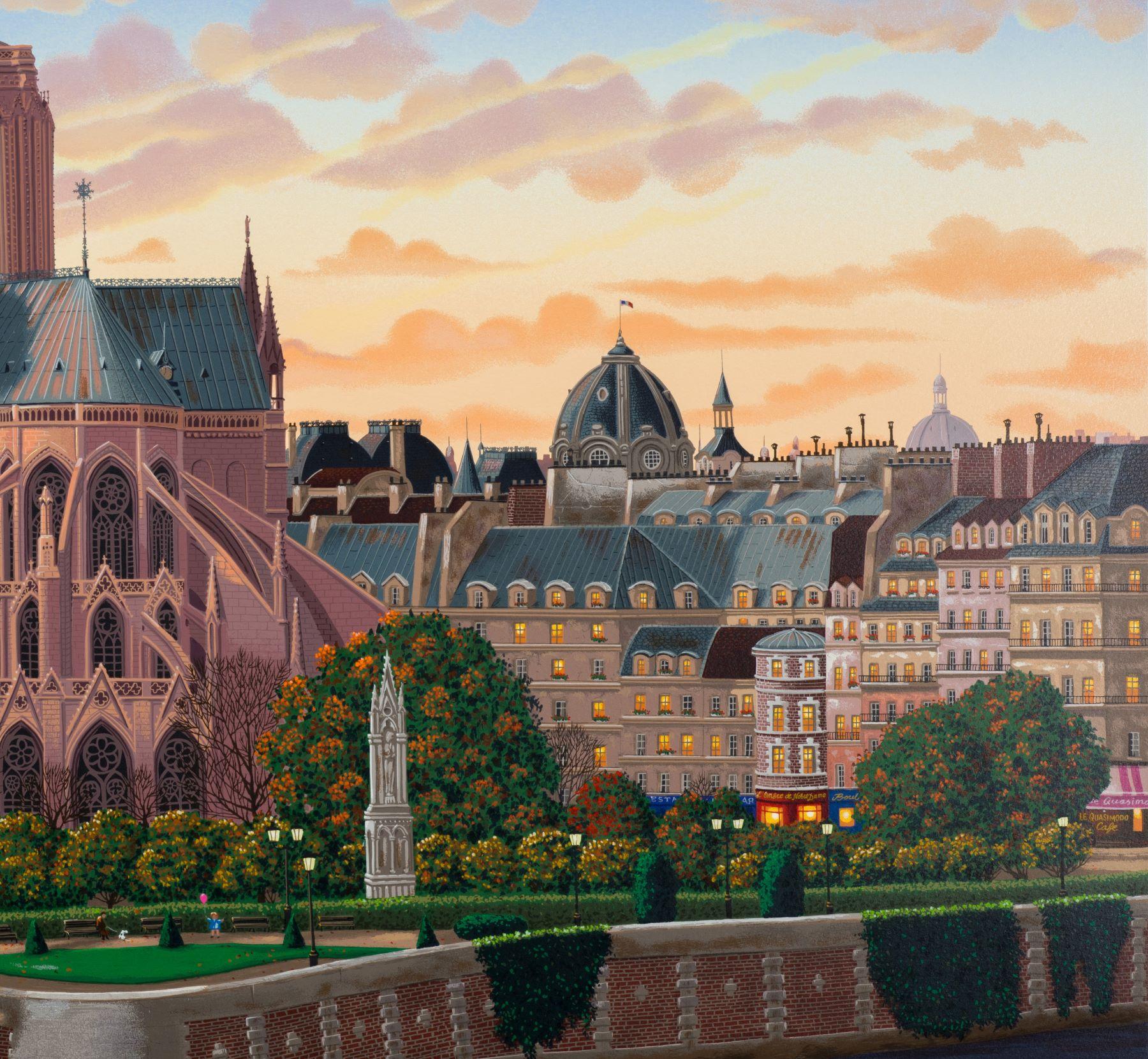 Île de la Cité is a serigraph on paper with an image size of 30 x 36 inches, signed ‘Kondakova’ lower right and numbered lower left. From the edition of 325 and numbered 48/75 (there were also 25 HC and 225 on canvas). Framed in a classic, gold-tone