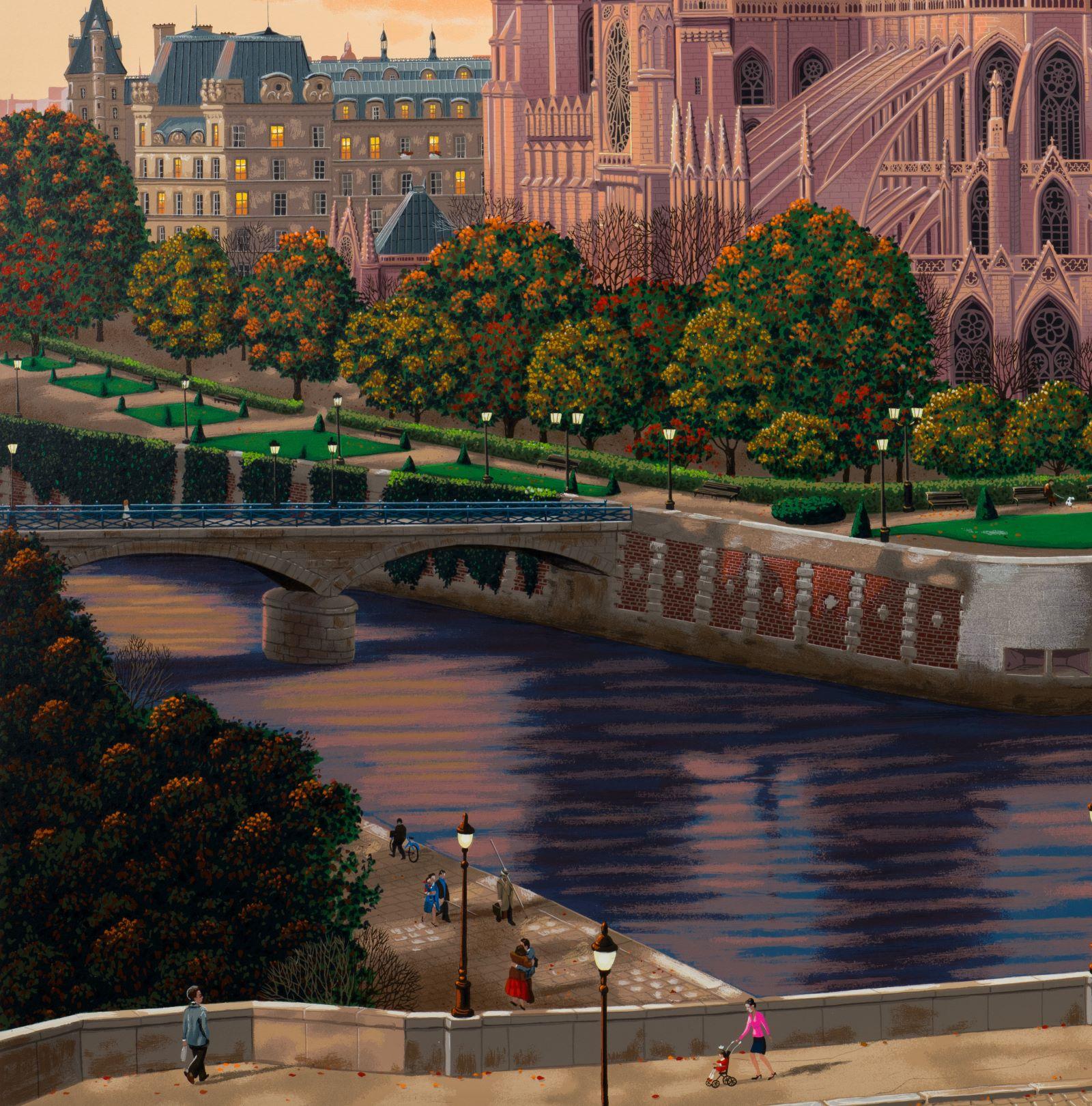 Île de la Cité is a serigraph on paper with an image size of 30 x 36 inches, signed ‘Kondakova’ lower right and numbered lower left. From the edition of 325 and numbered 48/75 (there were also 25 HC and 225 on canvas). Framed in a classic, gold-tone