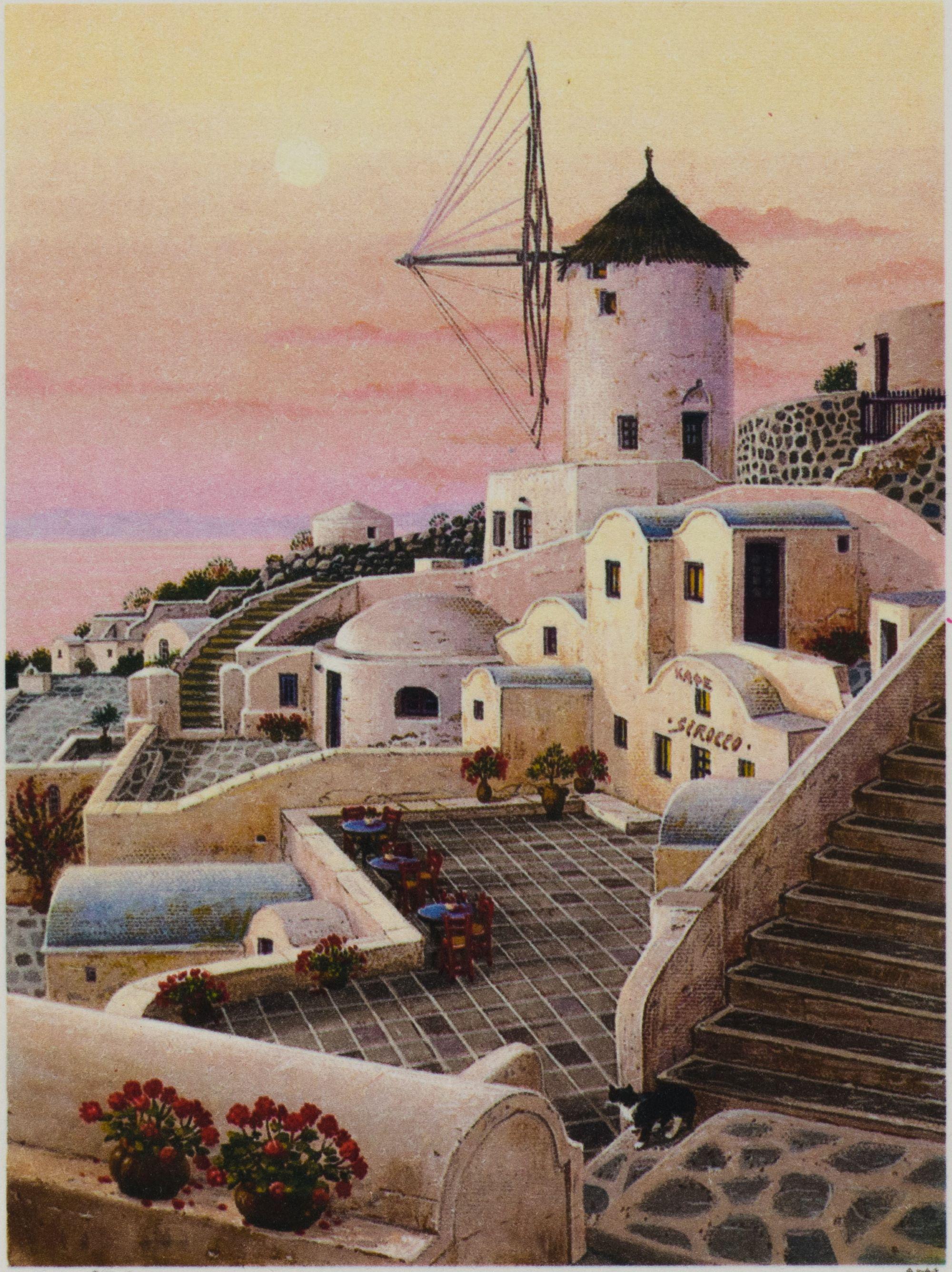 Mykonos Windmill est une lithographie sur papier d'une taille de 3,75 x 2,75 pouces, initialisée 