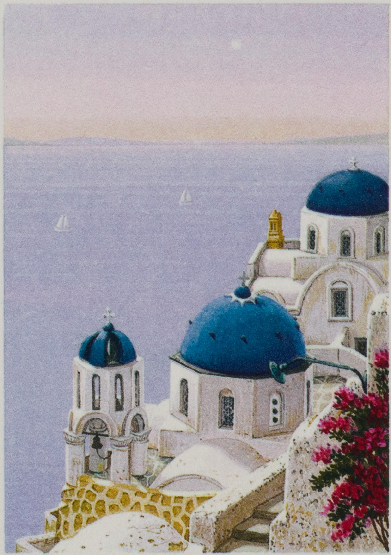 Santorini Dawn is a lithograph on paper with an image size of 2.5 x 2 inches, inititaled 'LK' lower right and annotated lower left, framed in a gold-tone classic 'reed and ribbon' moulding. Numbered 158/295, from the edition of 325 (there were also