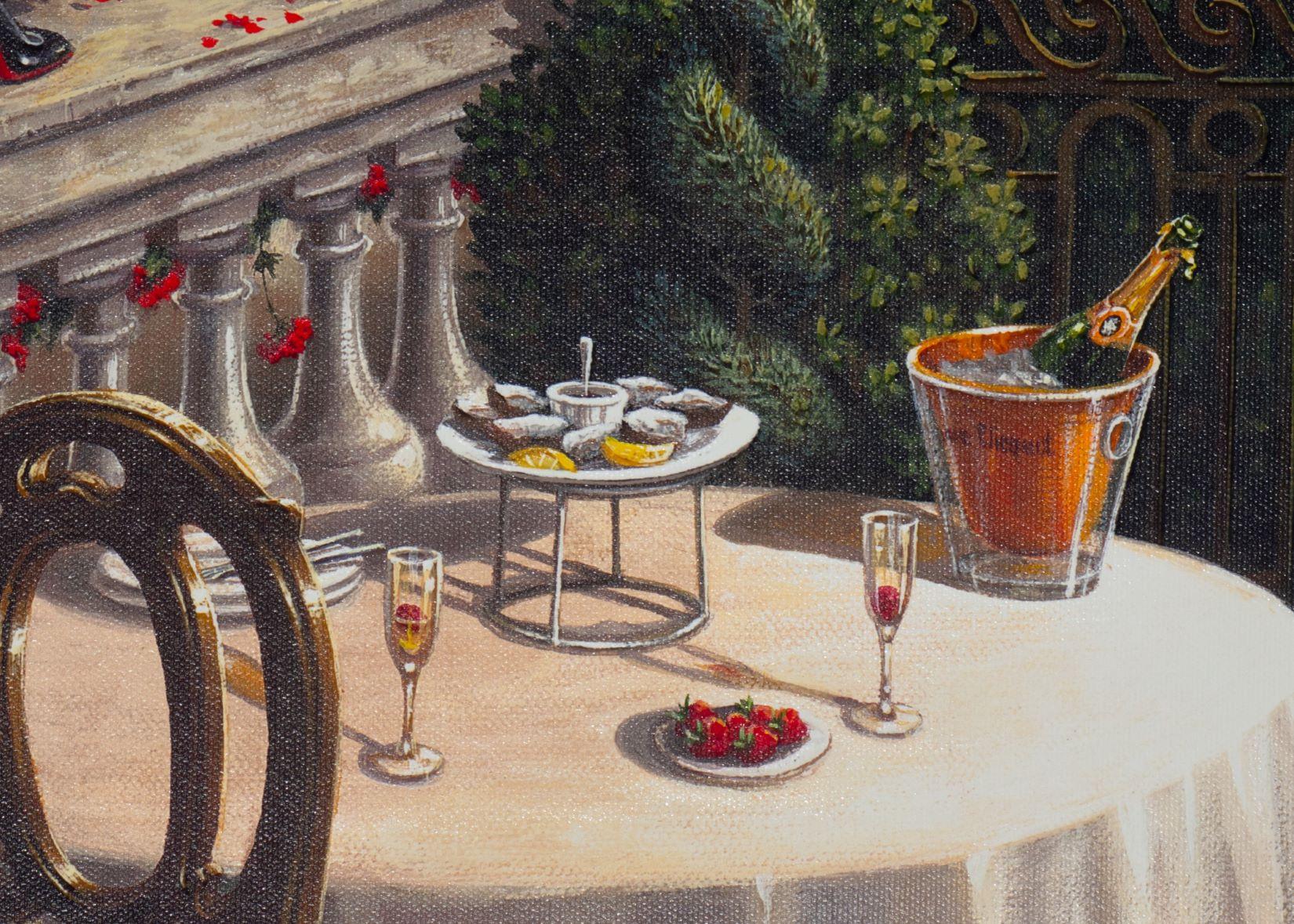 Terrace on the Left Bank is an archival digital pigment print on canvas made with serigraph texture plates, signed ‘Kondakova’ in the right corner and numbered 227/295 in the left corner (there were also 25 APs,and 5 HCs). Framed in a classic,
