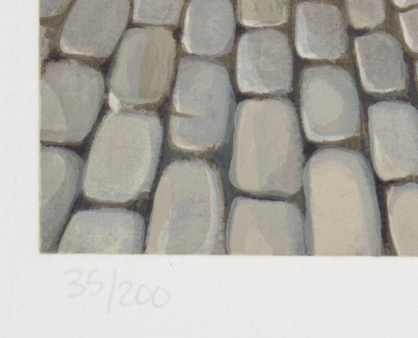 La escalera, de la colección Recuerdos de París, es una serigrafía sobre papel con un tamaño de imagen de 15 x 12 pulgadas, firmada 