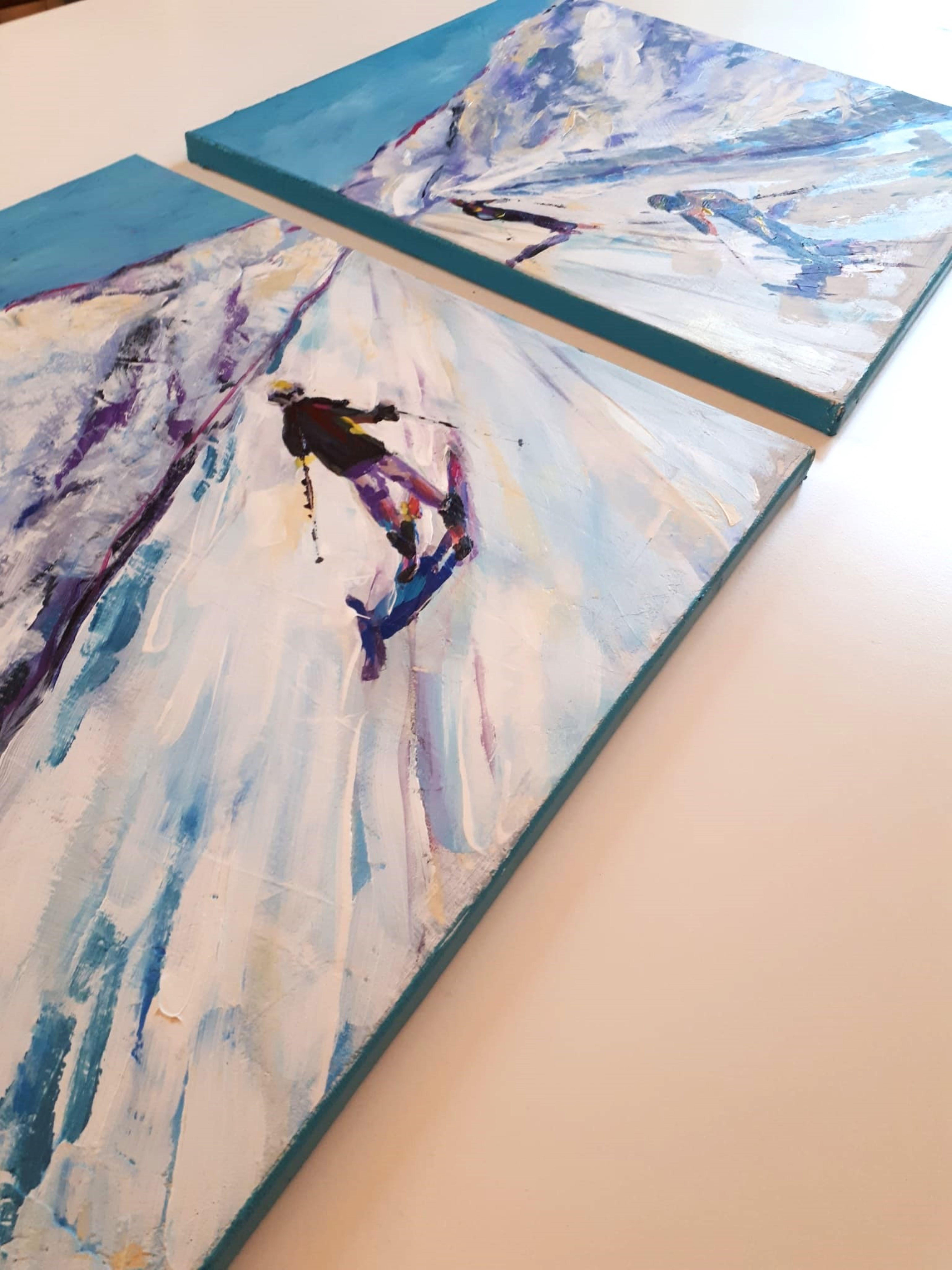 Holidays in the mountains. Fresh frosty breath, dazzling snow, sun glare and fast sliding.The picture conveys a feeling of speed.The work was done in the impressionist style, with light, large strokes.