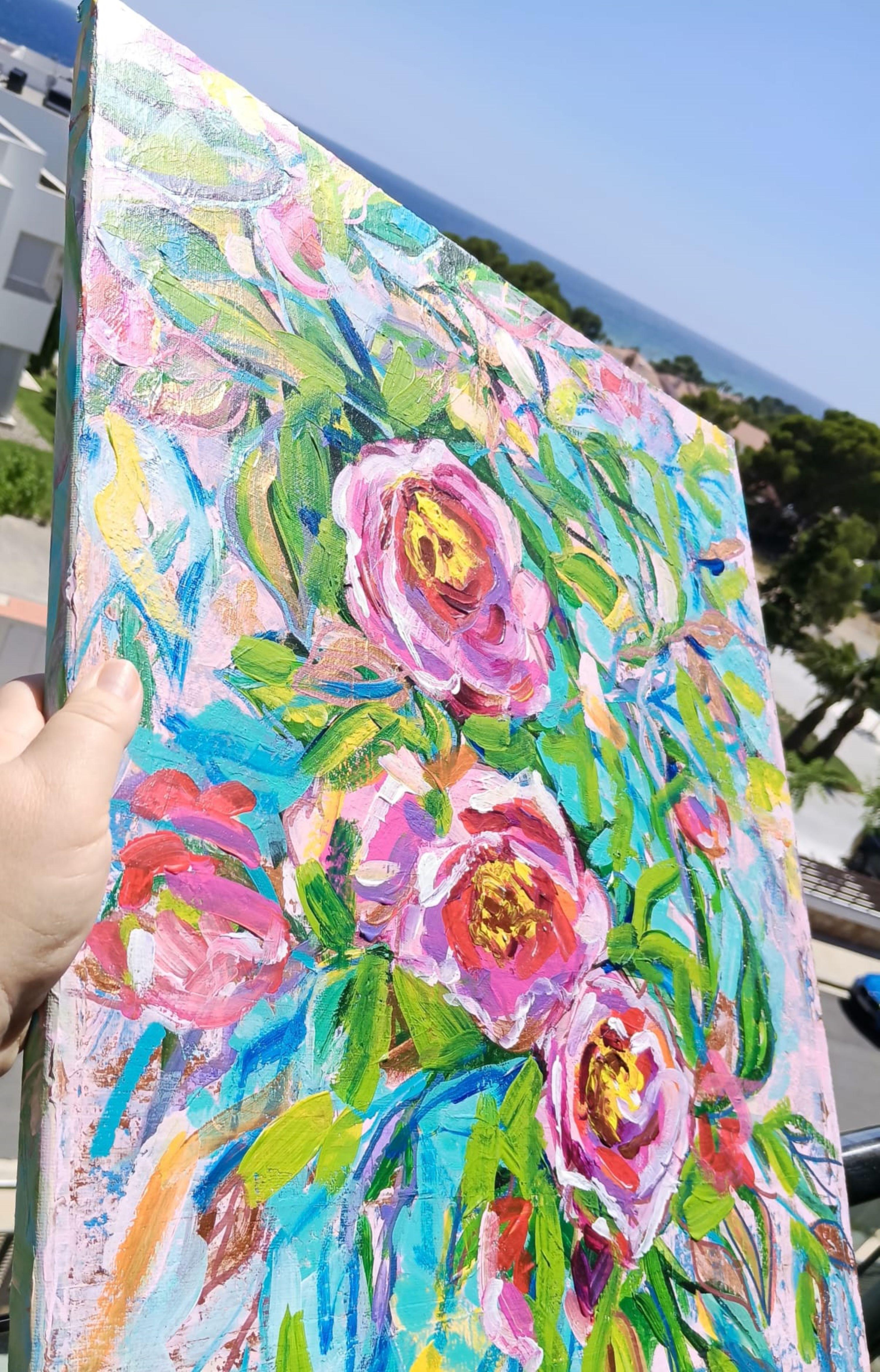 Una calda giornata estiva è piena di sole. I suoi riflessi si riflettono sui petali di rosa e sulle foglie.
Il dipinto è pieno di colori vivaci, in alcuni punti la pittura ha un effetto oro per trasmettere l'atmosfera.
Tecnica di pittura a grandi