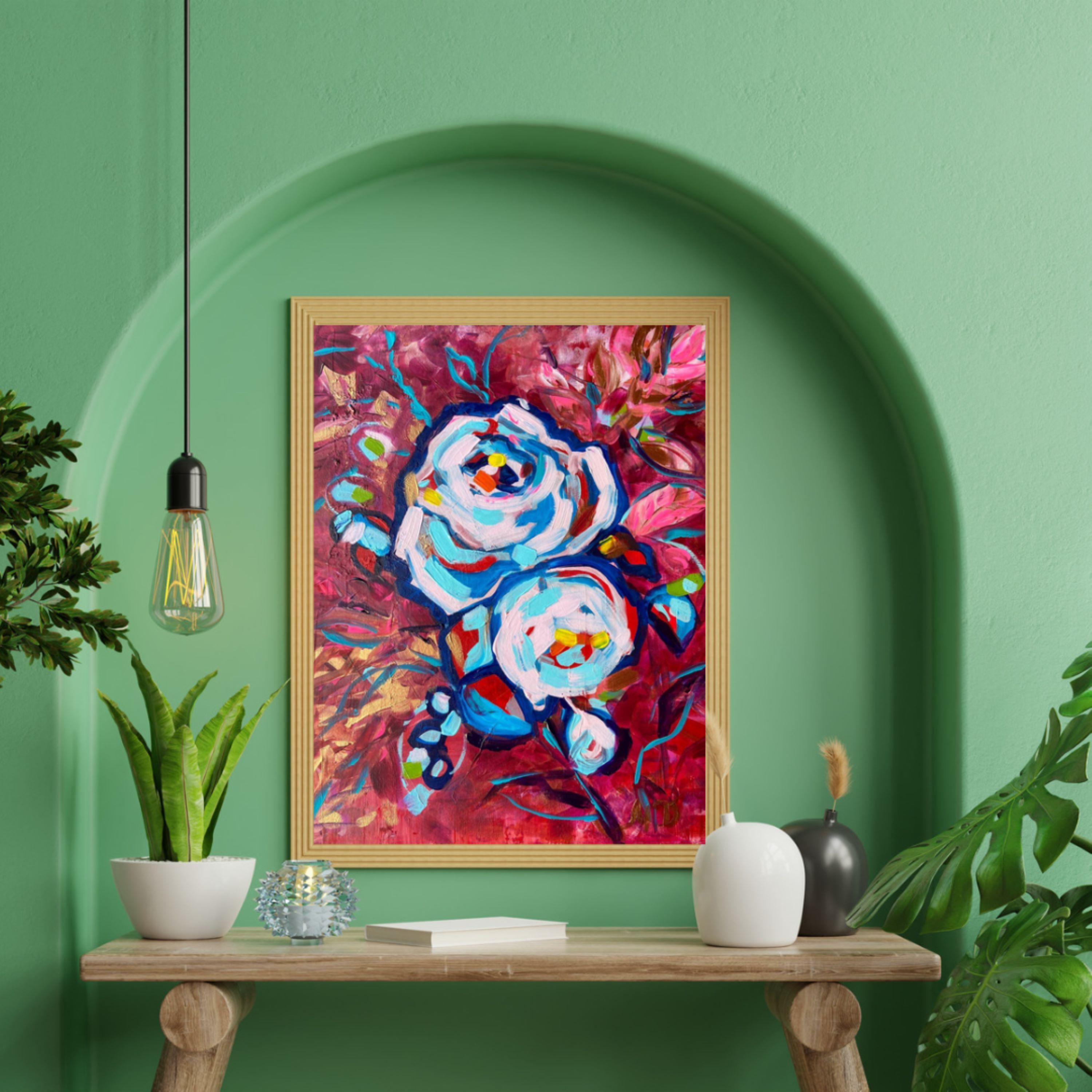 Roses in wine, Original painting by  Liudmila Shabazova - Pink Interior Painting by Liudmila Shabazova 