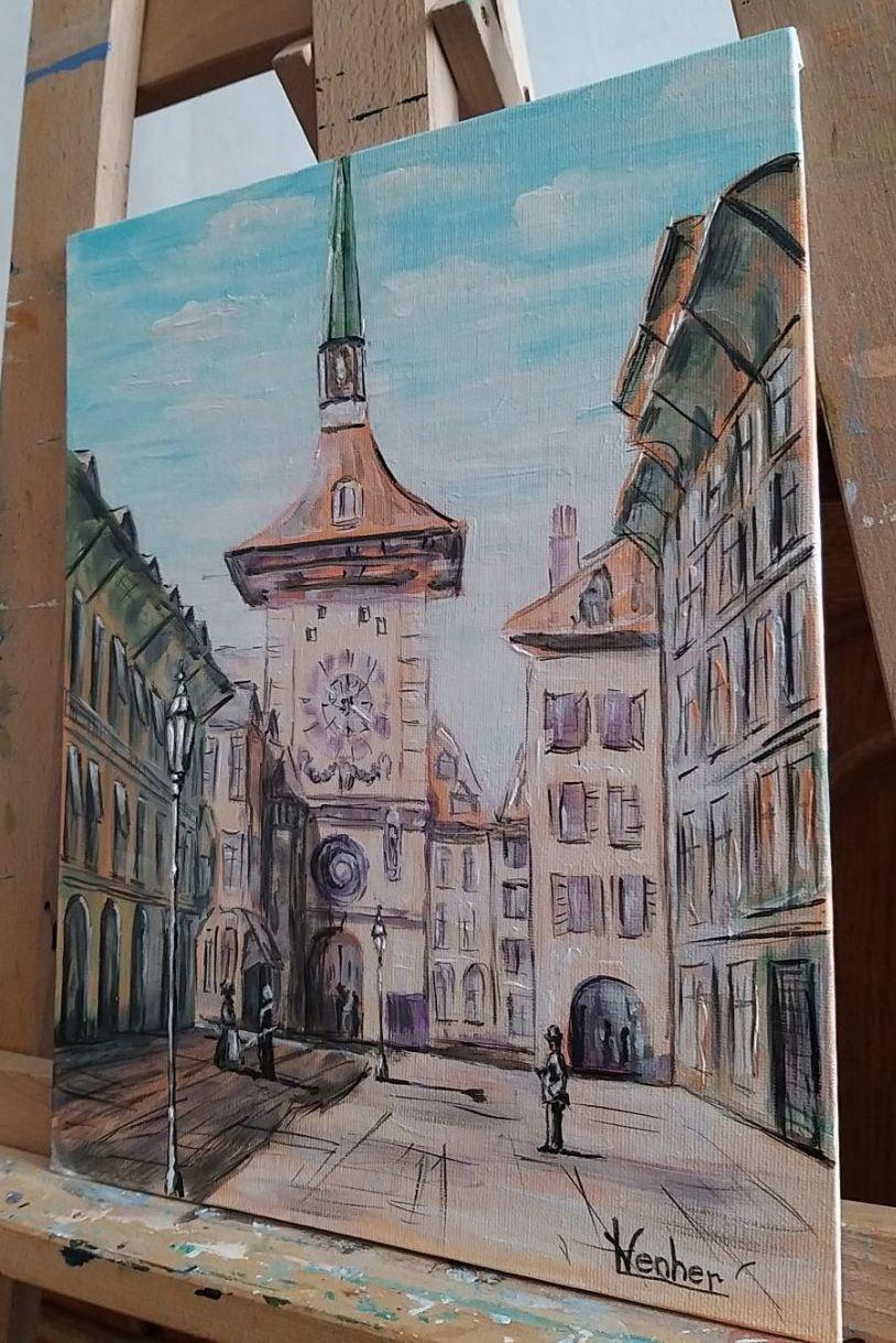 Le charme de Berne - Gris Landscape Painting par Liudmyla Panchylova
