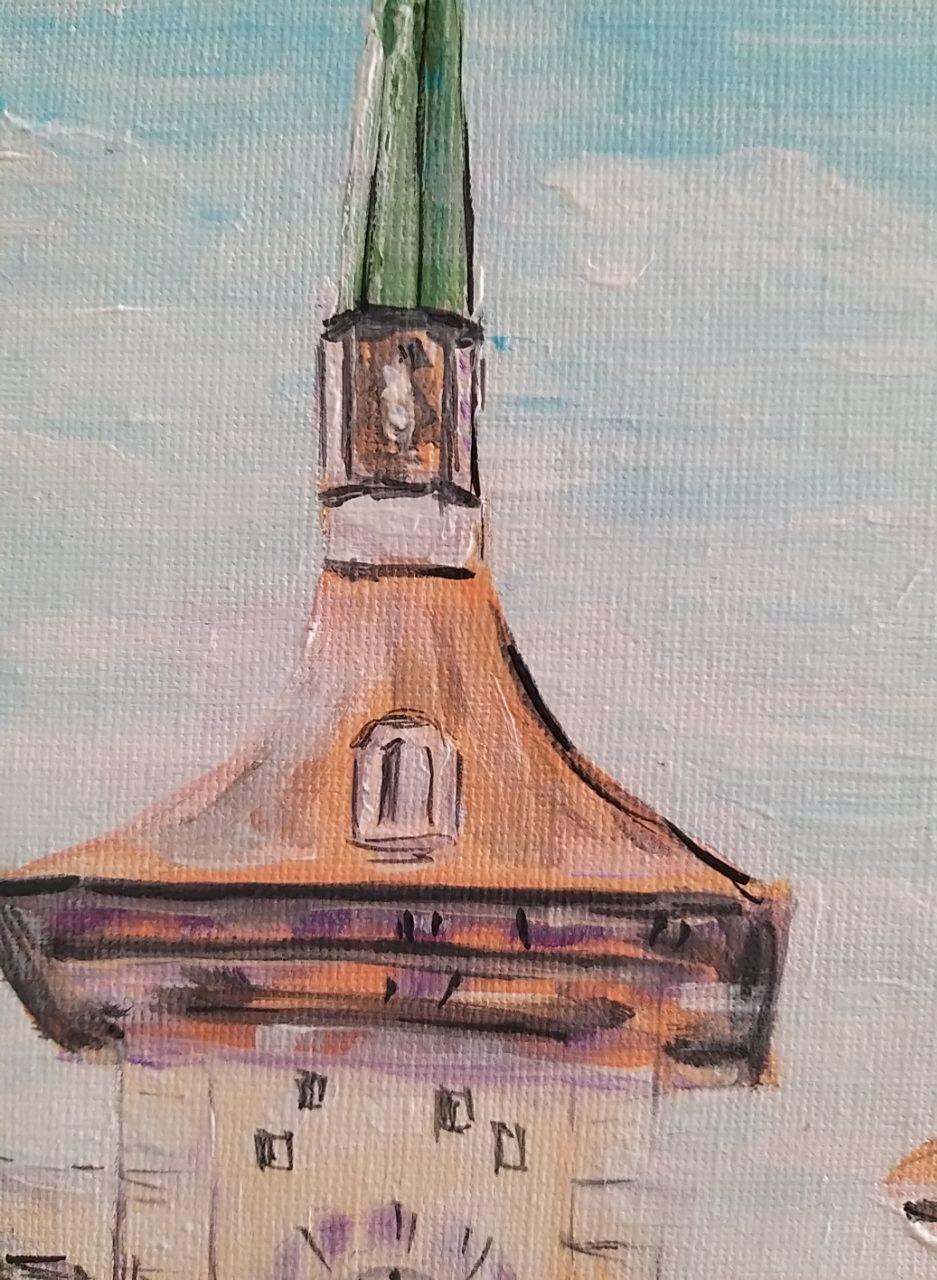 La peinture de la vieille ville de Townes, représentée par une journée ensoleillée, remplit l'atmosphère de chaleur et de lumière. Au centre de la composition se trouve la célèbre tour de l'horloge, située dans la vieille ville. L'horloge de la tour