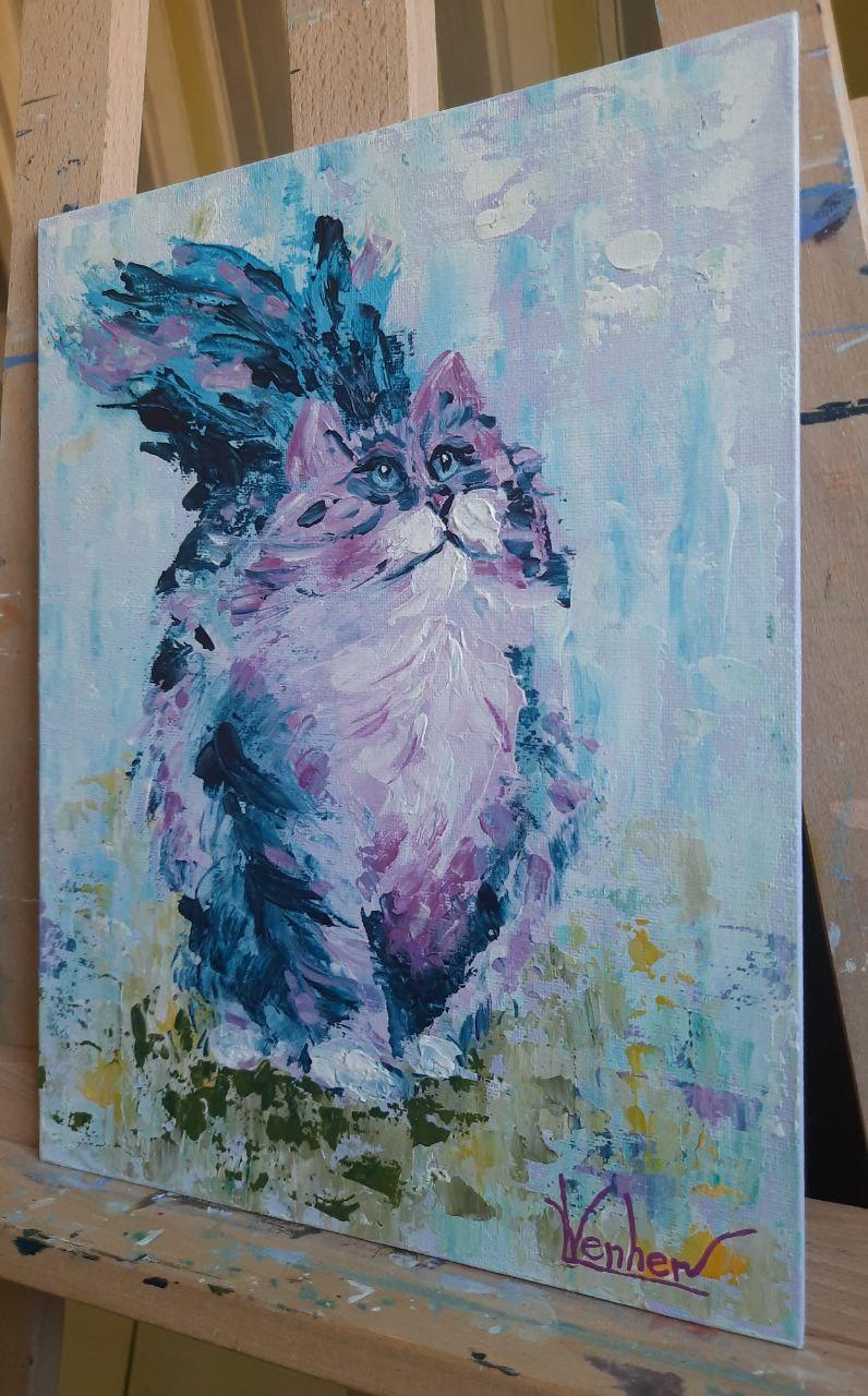 Lilas Cat. original painting - Blue Animal Painting by Liudmyla Panchylova