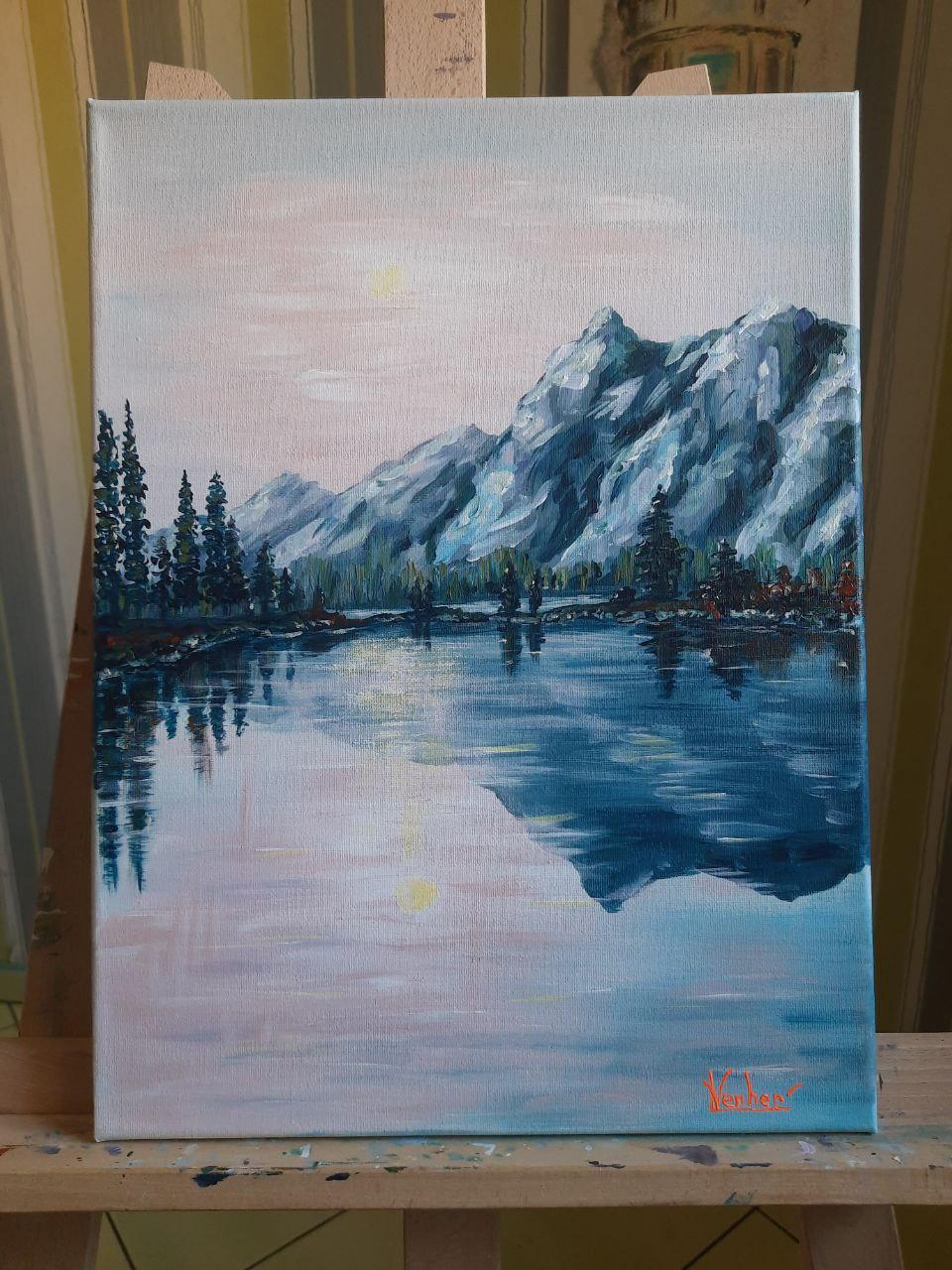 Berge und Sonne in der Dunkelheit (Impressionismus), Painting, von Liudmyla Panchylova