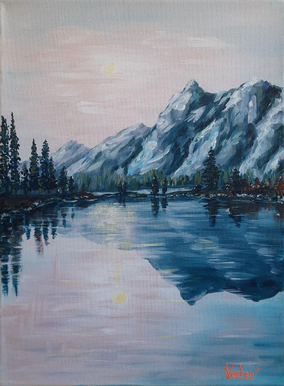 Liudmyla Panchylova Landscape Painting – Berge und Sonne in der Dunkelheit