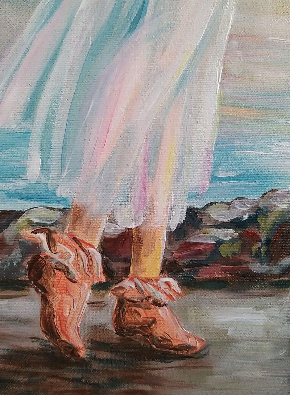 Das Gemälde zeigt ein Mädchen, das am Meeresufer steht und auf seinen Geliebten wartet. Ihr Blick ist in die Ferne gerichtet, auf den Horizont, wo das Meer in den Himmel übergeht. In der Ferne ist ein kleines Boot zu sehen, das langsam auf den