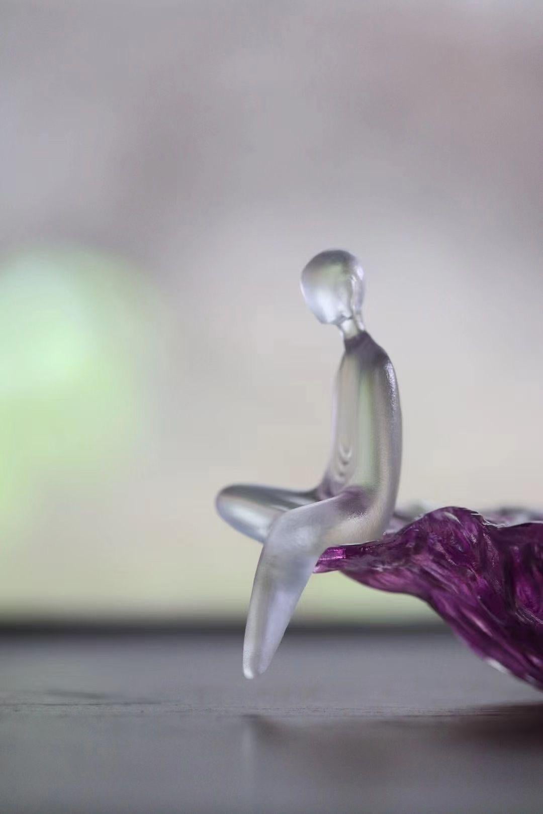 Hand-Crafted Liuli Fine Art Chinese Glass Sculpture “Contemplation” Transparent and Purple For Sale