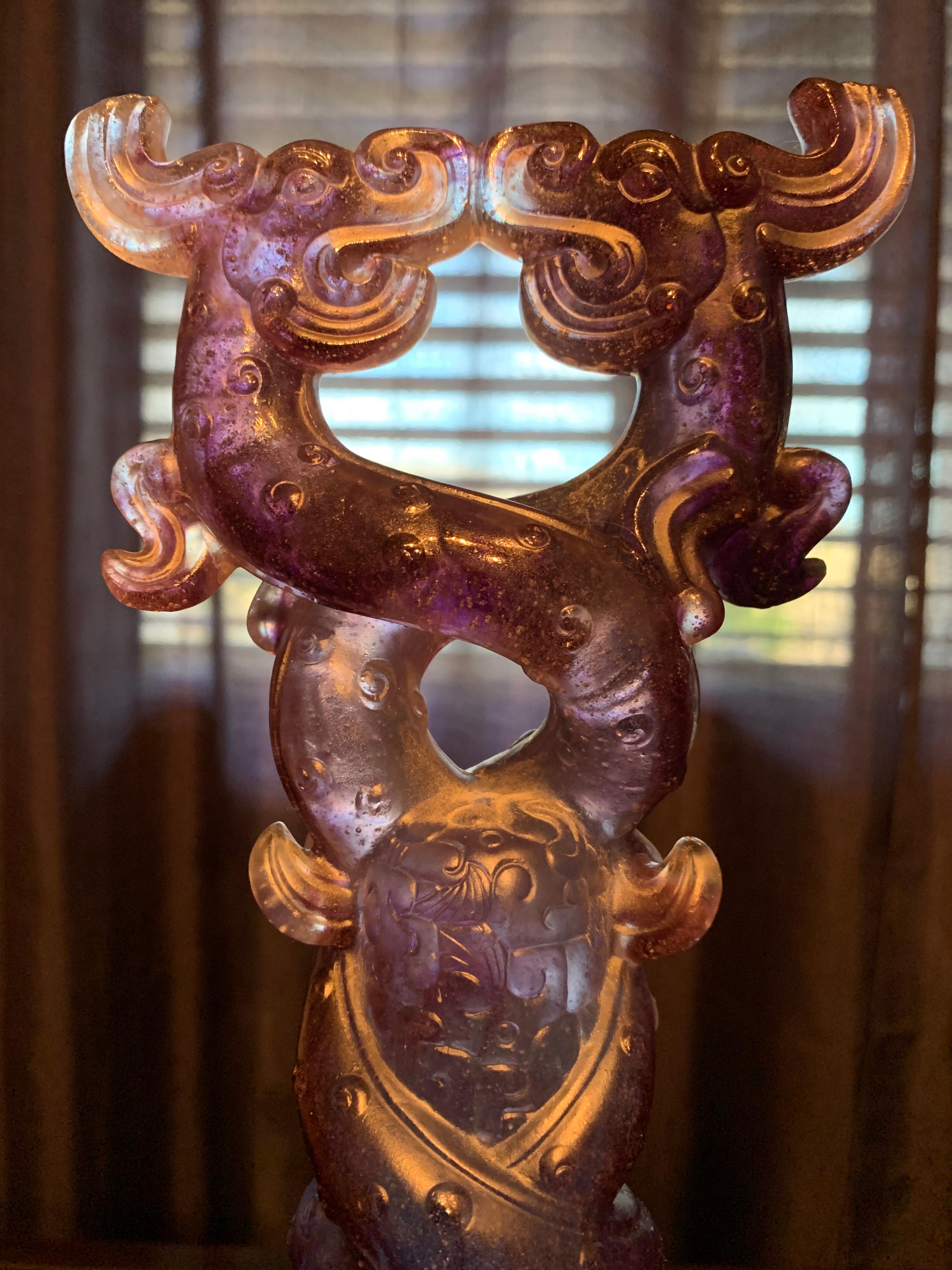 Liuli Fine Art Chinese Glass Sculpture “Holding Up Heaven” Blue and Purple For Sale 3
