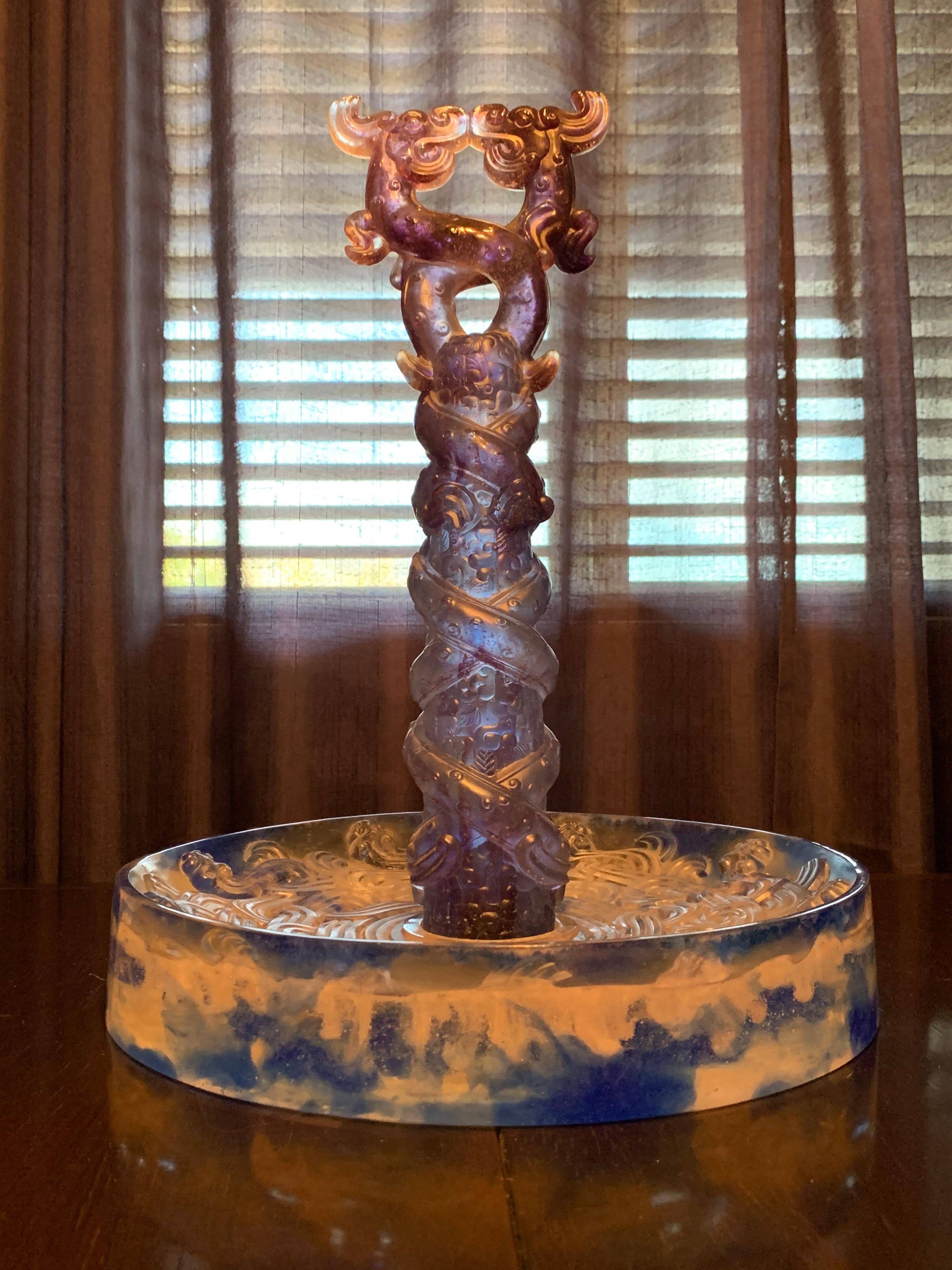 Liuli Fine Art Chinese Glass Sculpture “Holding Up Heaven” Blue and Purple For Sale 6