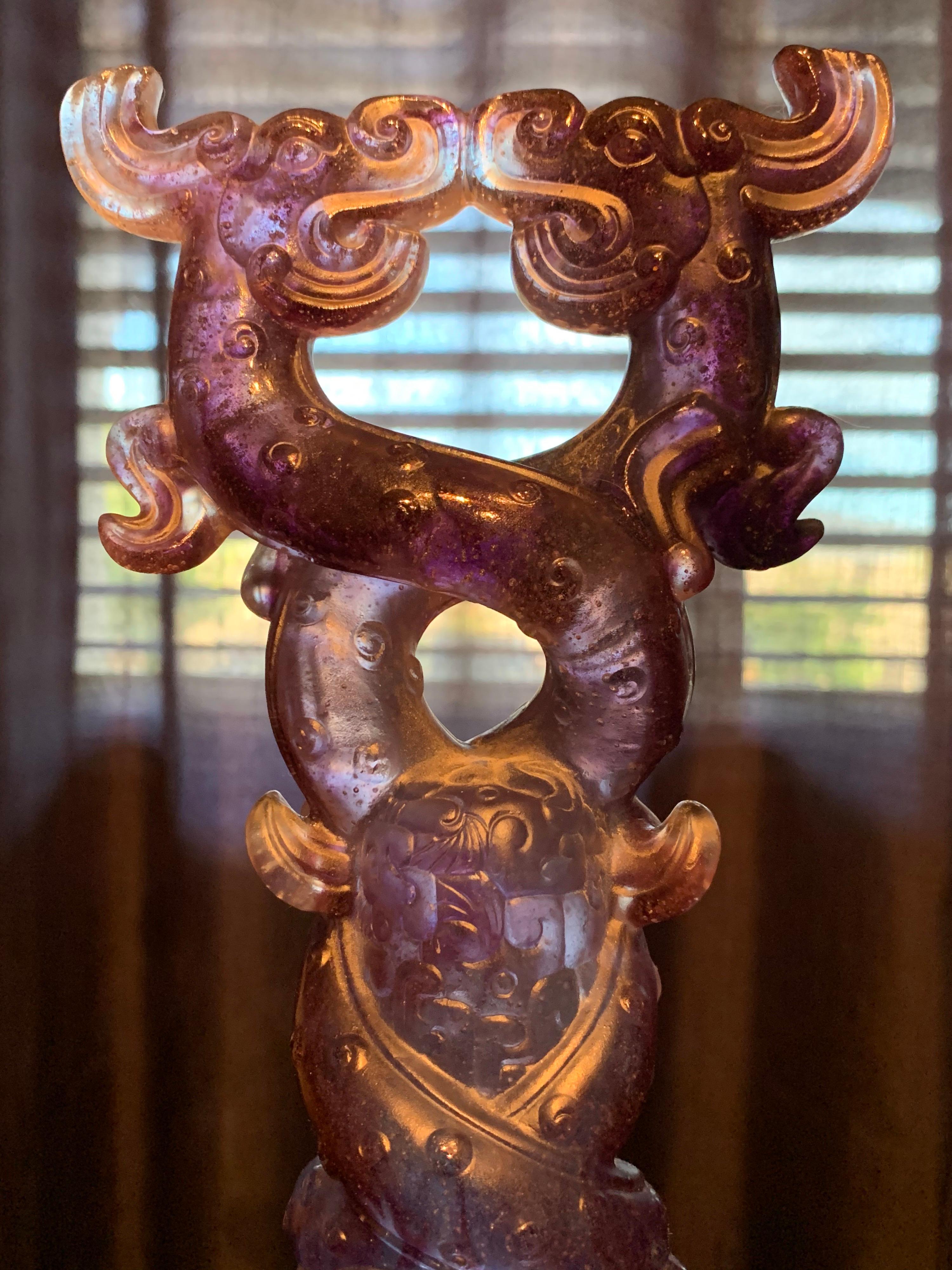 Hand-Crafted Liuli Fine Art Chinese Glass Sculpture “Holding Up Heaven” Blue and Purple For Sale