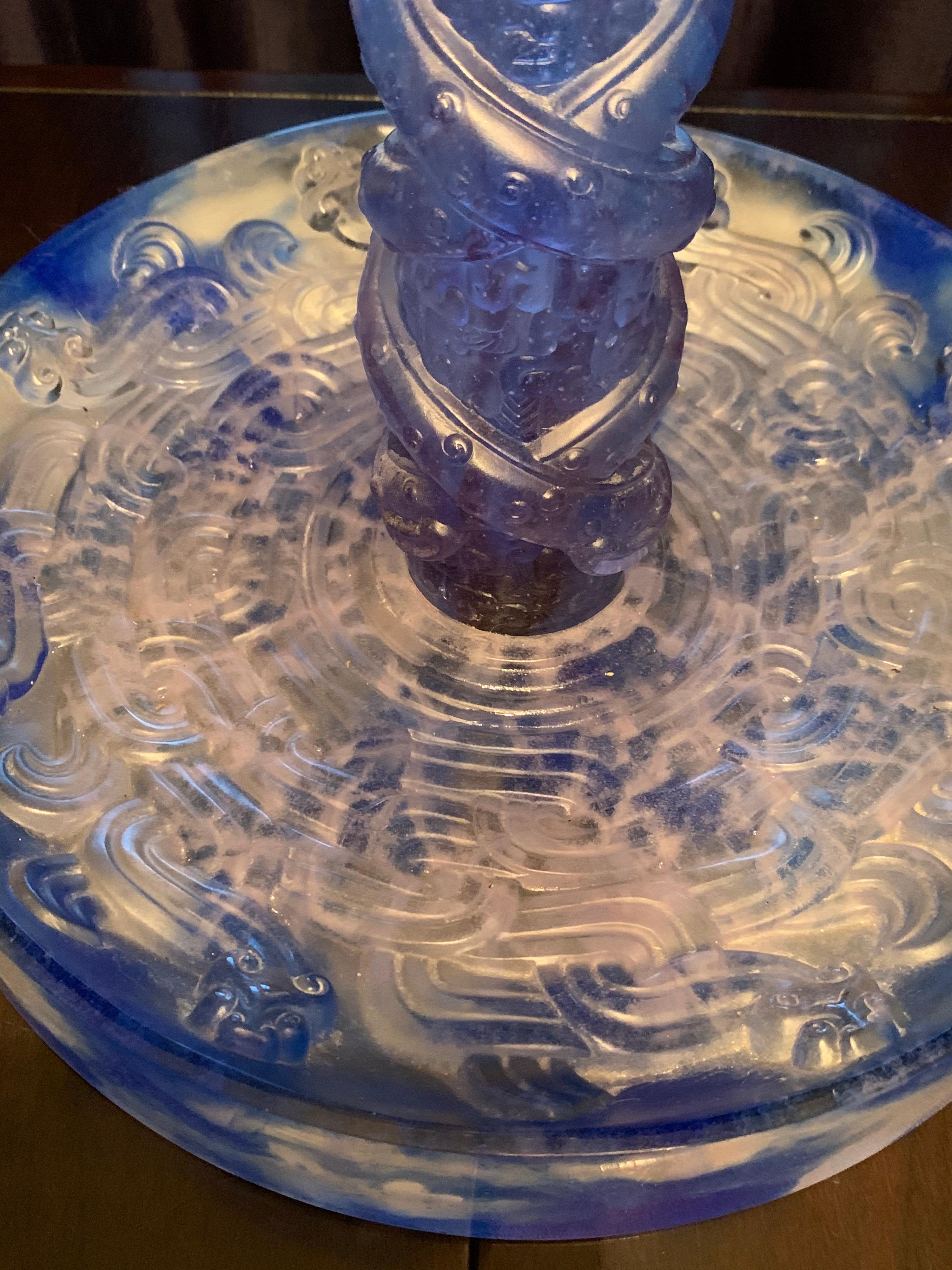 Liuli Fine Art Chinese Glass Sculpture “Holding Up Heaven” Blue and Purple In Good Condition For Sale In Palm Springs, CA