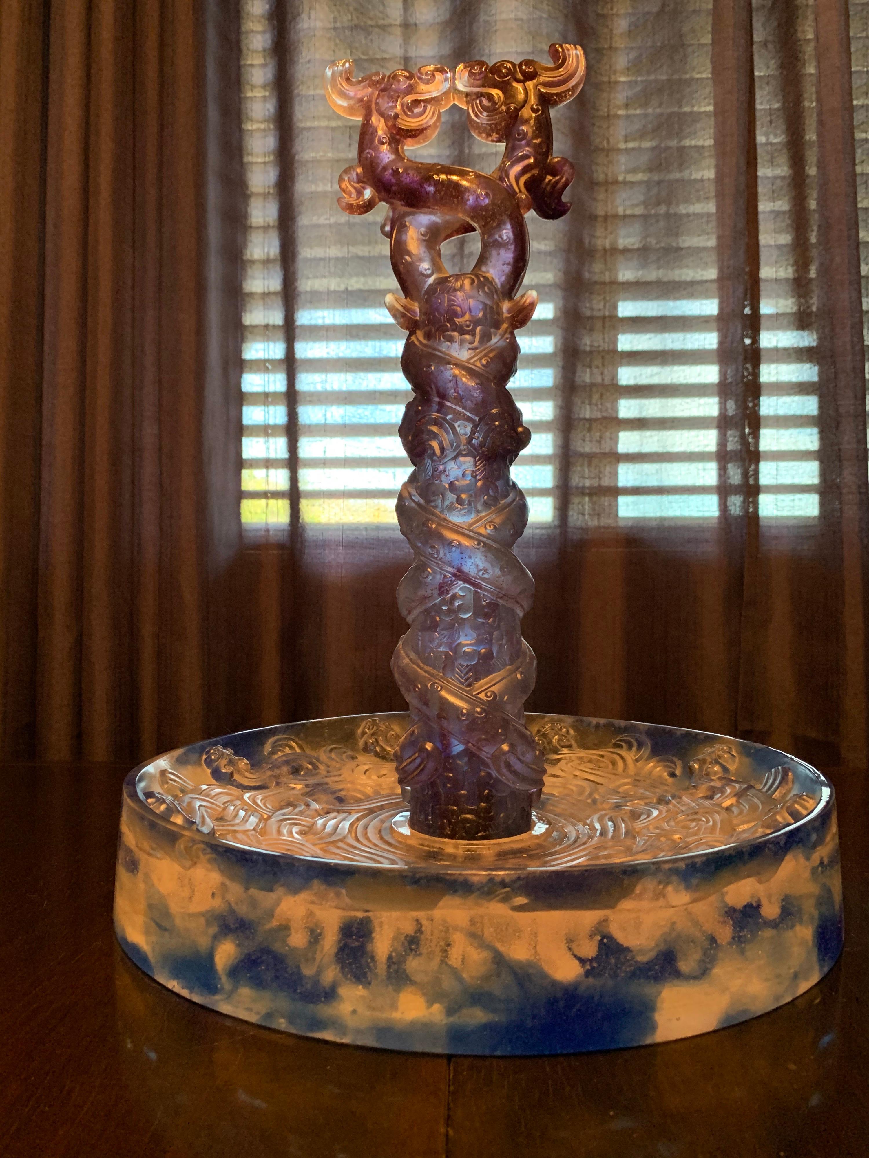 Contemporary Liuli Fine Art Chinese Glass Sculpture “Holding Up Heaven” Blue and Purple For Sale