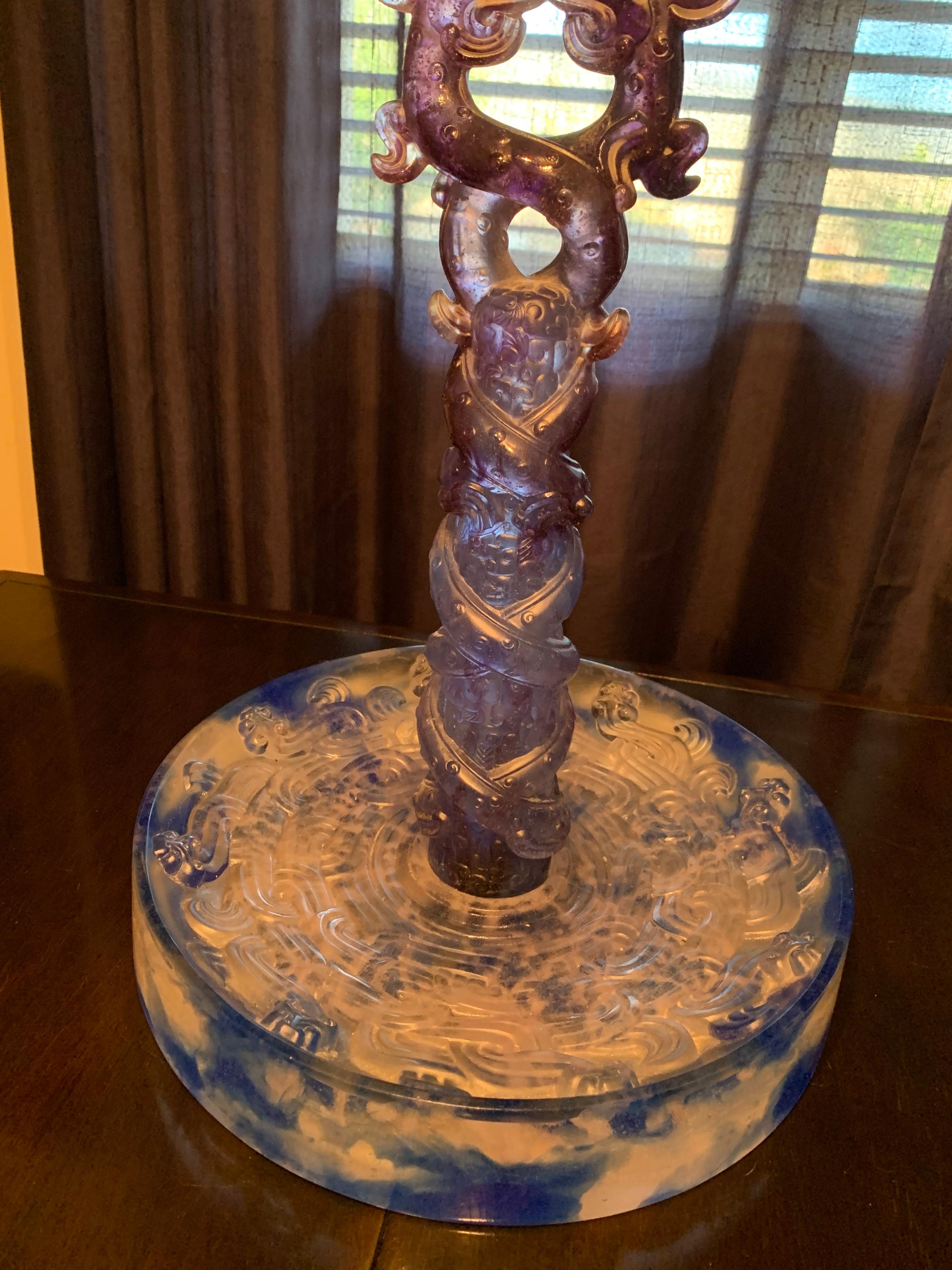 Art Glass Liuli Fine Art Chinese Glass Sculpture “Holding Up Heaven” Blue and Purple For Sale