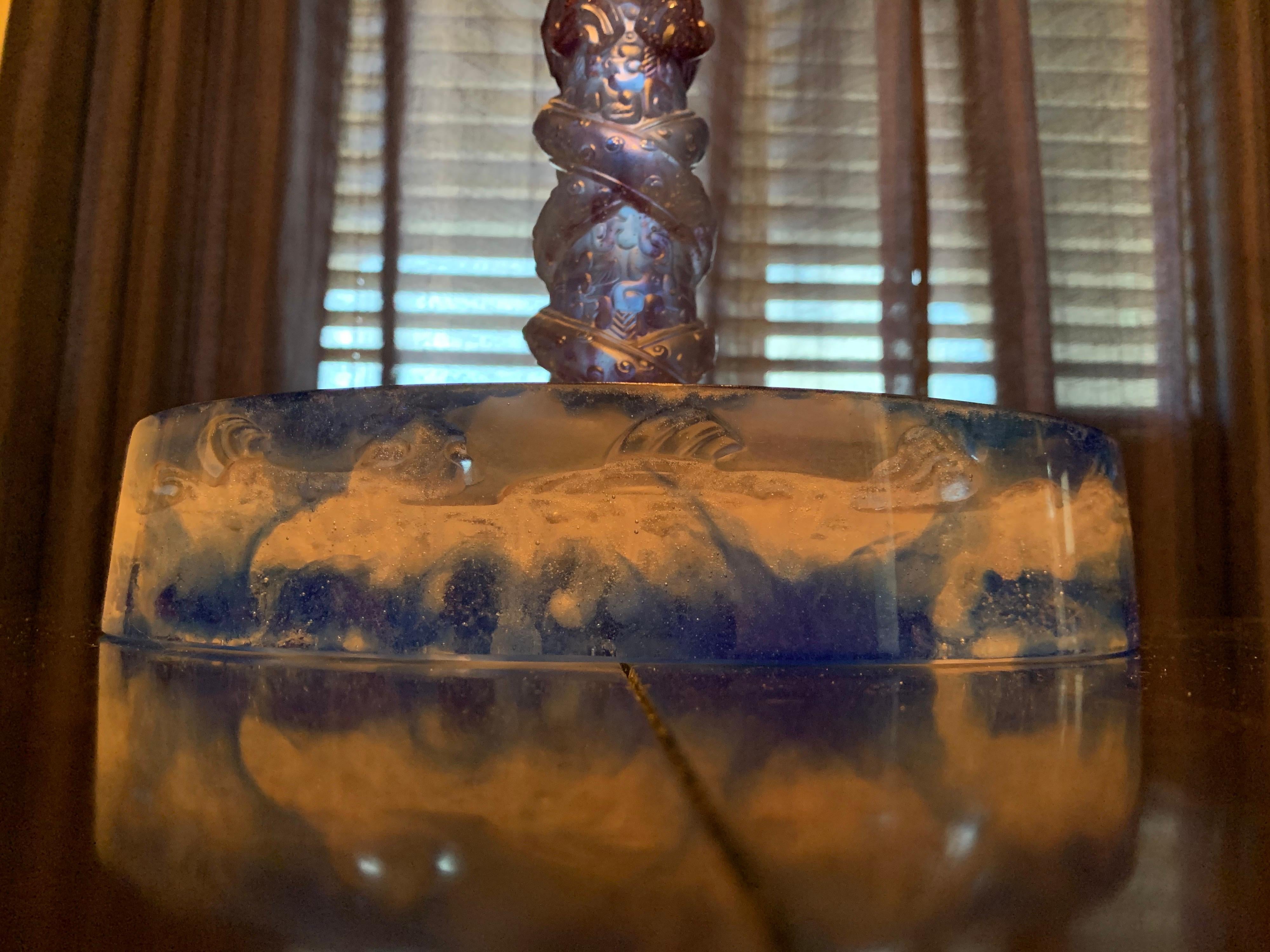 Liuli Fine Art Chinese Glass Sculpture “Holding Up Heaven” Blue and Purple For Sale 1