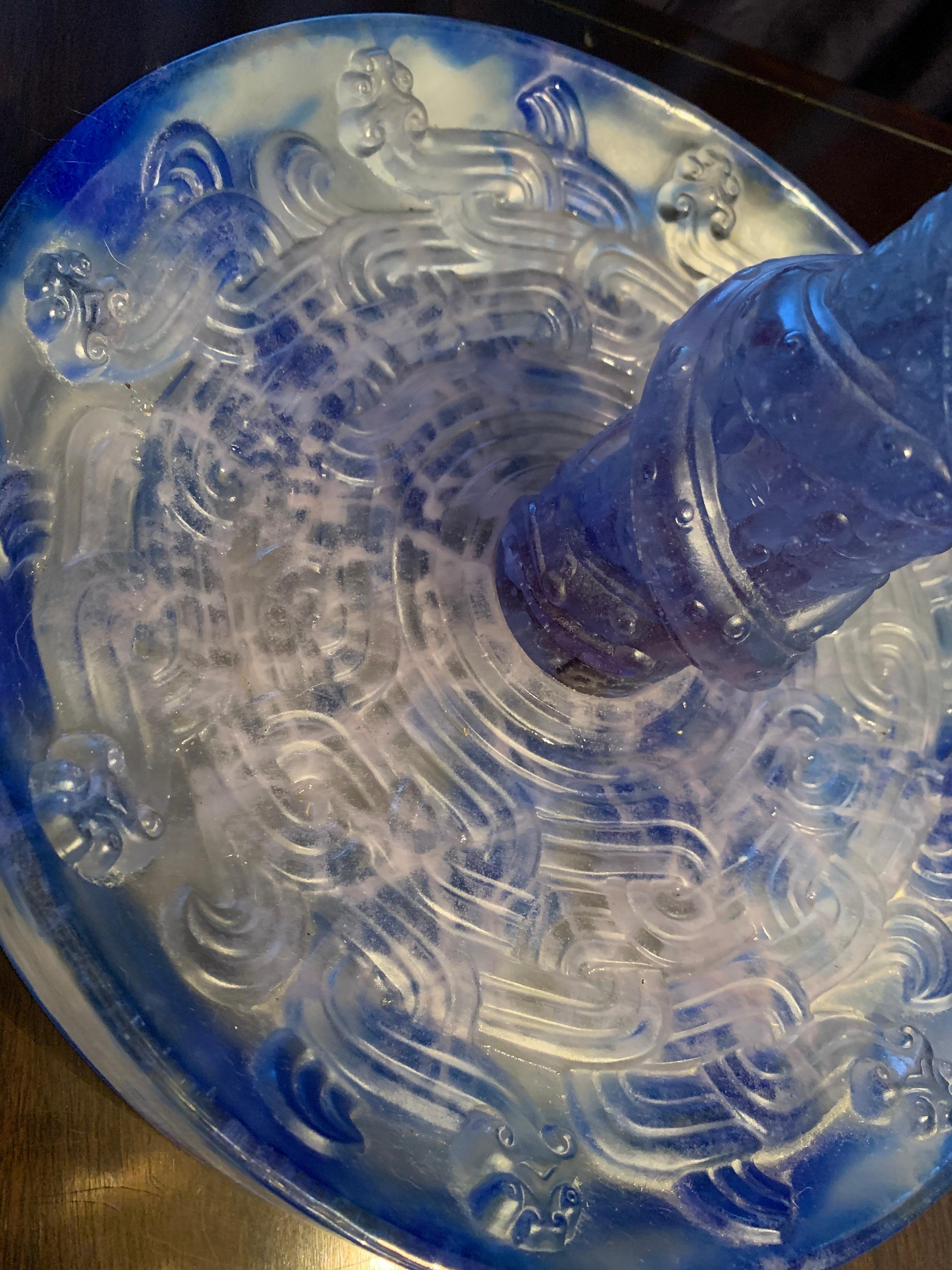 Liuli Fine Art Chinese Glass Sculpture “Holding Up Heaven” Blue and Purple For Sale 2