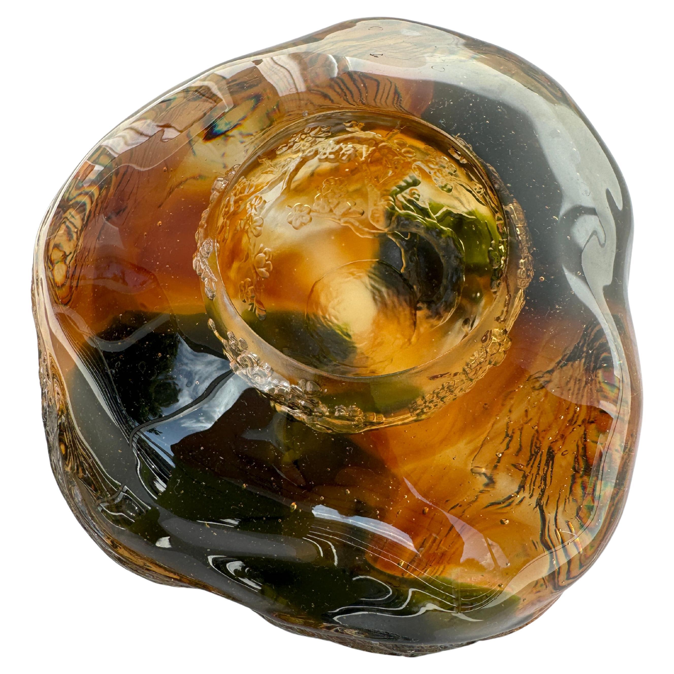 Crystal Amber Art Glass Vase Bowl - Abstract Sculpture by Liuli 