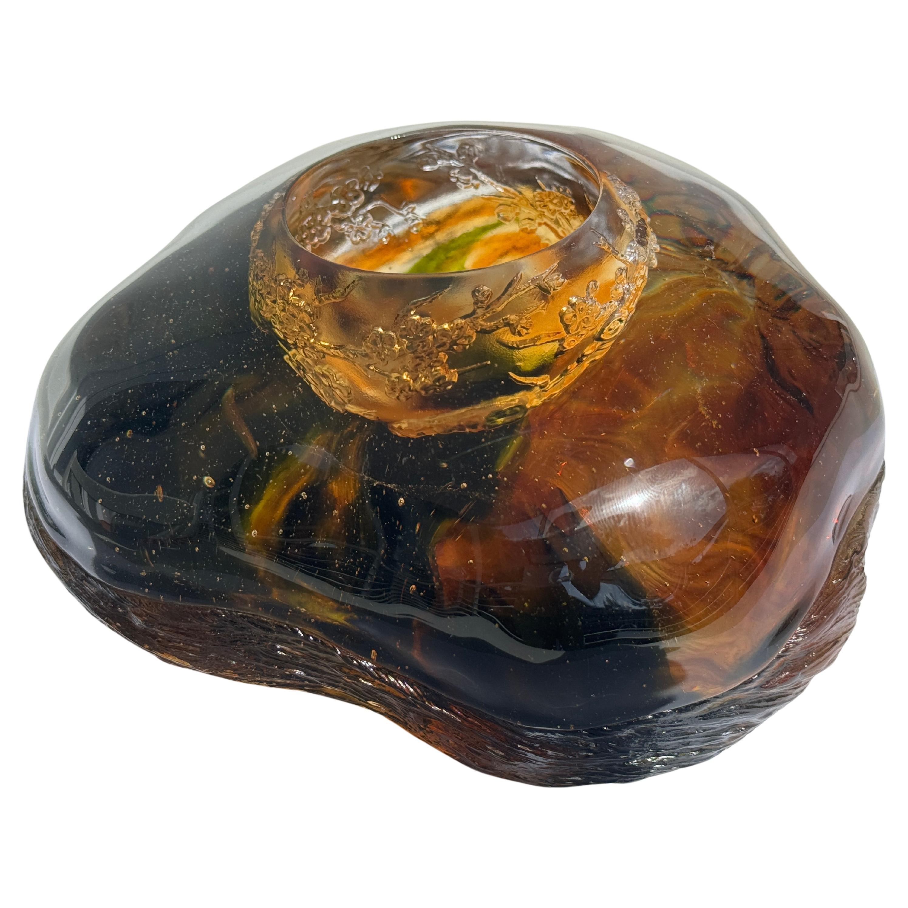 Crystal Amber Art Glass Vase Bowl - Black Abstract Sculpture by Liuli 