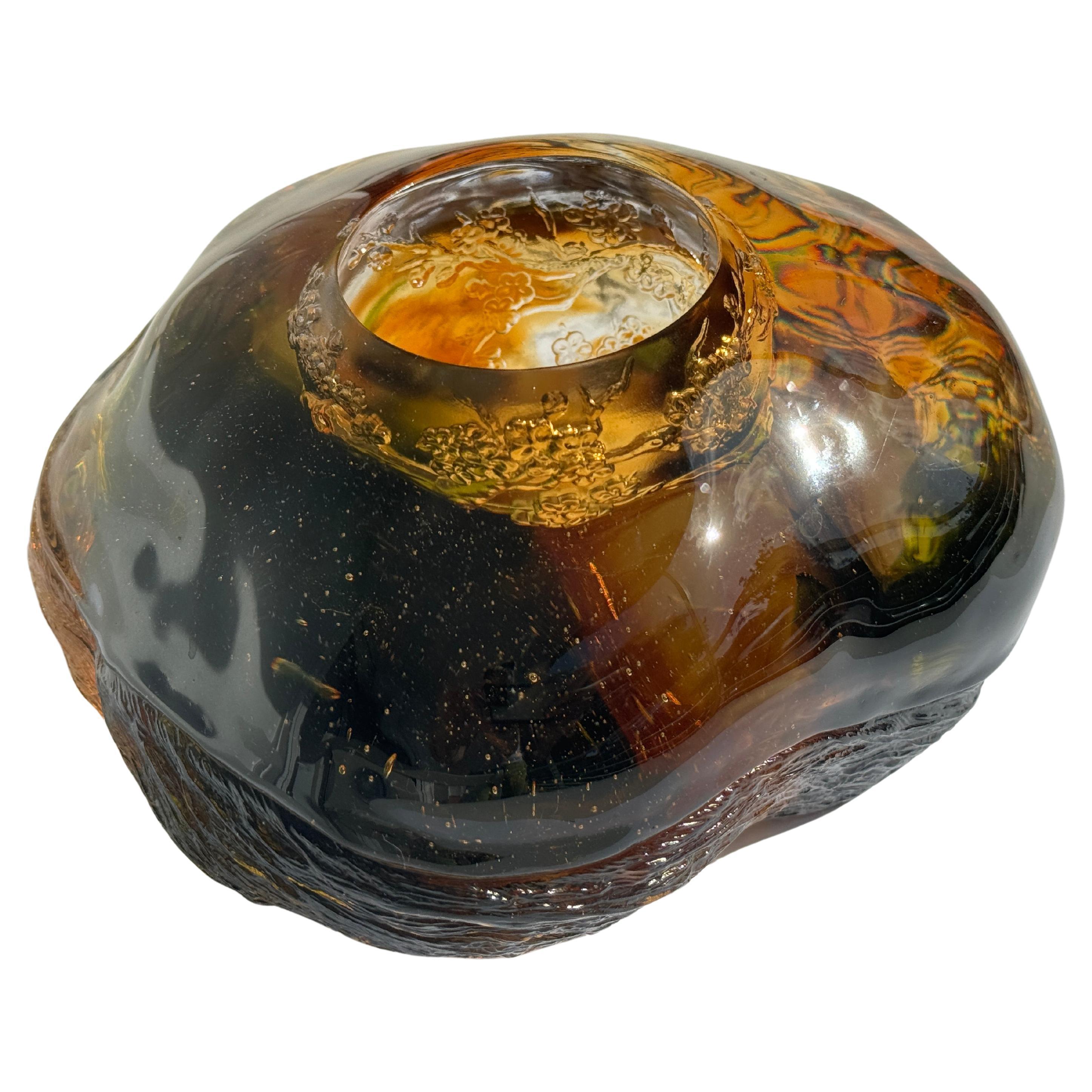 Liuli  Abstract Sculpture - Crystal Amber Art Glass Vase Bowl