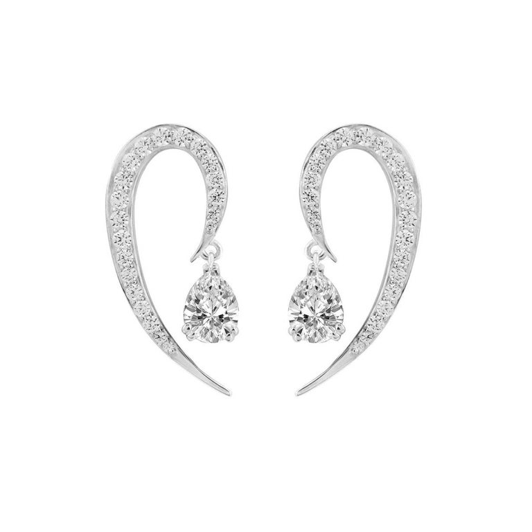 Pear Cut Liv Luttrell Full Curve White Gold and Diamond Earrings For Sale