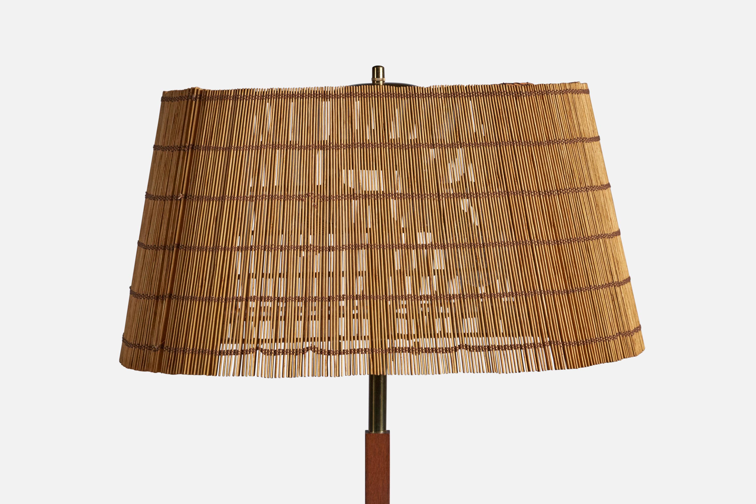 Mid-Century Modern Lival OY, Floor Lamp, Wood, Brass, Reed, Finland, 1950s For Sale