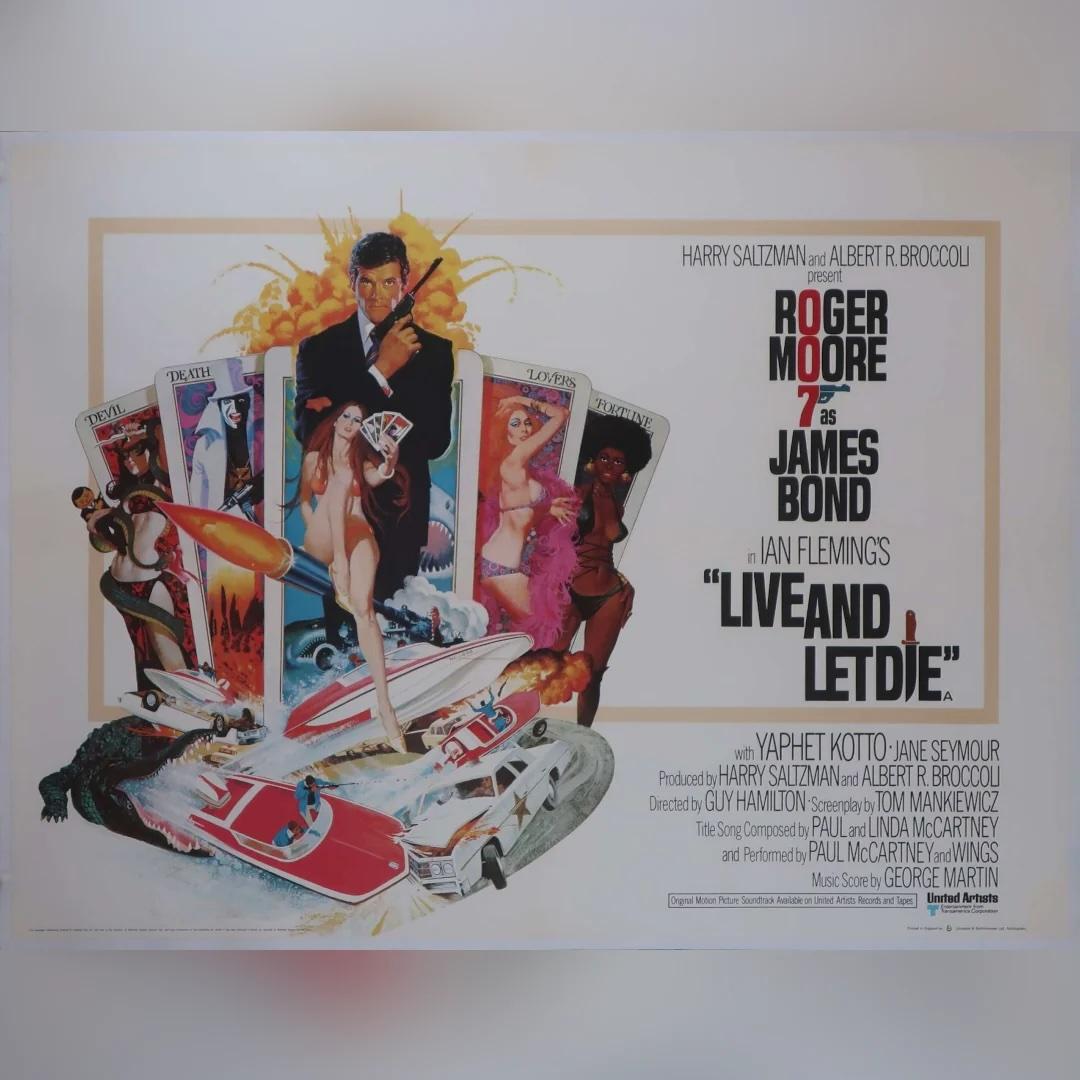 Live and Let Die (1973)
Original British Quad (30 X 40 Inches)

This country-of-origin British quad has a spectacular image of Roger Moore in his first turn as 007. Artist Robert McGinnis captures the voodoo-themed, heart-pounding thrills of James