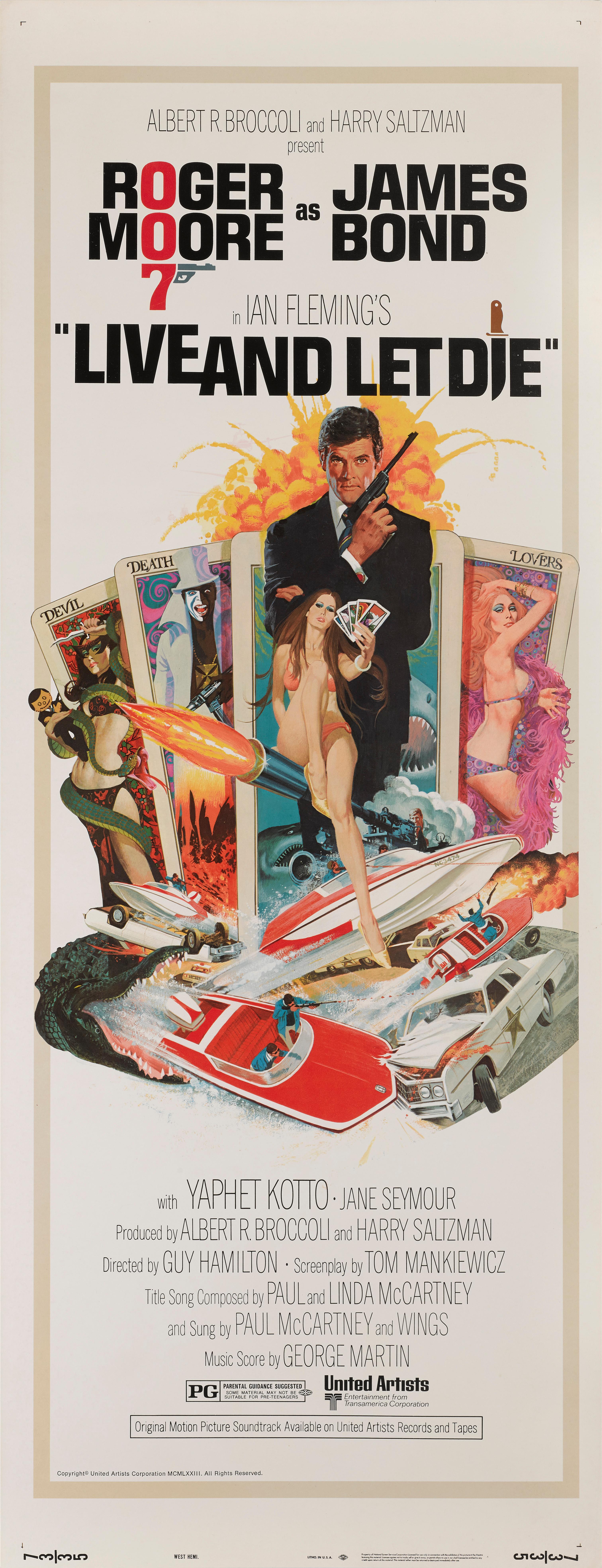 Affiche de film américaine originale pour le premier rôle de Roger Moore en tant que James Bond en 1973.
Le film a été réalisé par Guy Hamilton et met en vedette Roger Moore, Jane Seymour, Yaphet Kotto.
Le dessin de cette affiche est de Robert E.