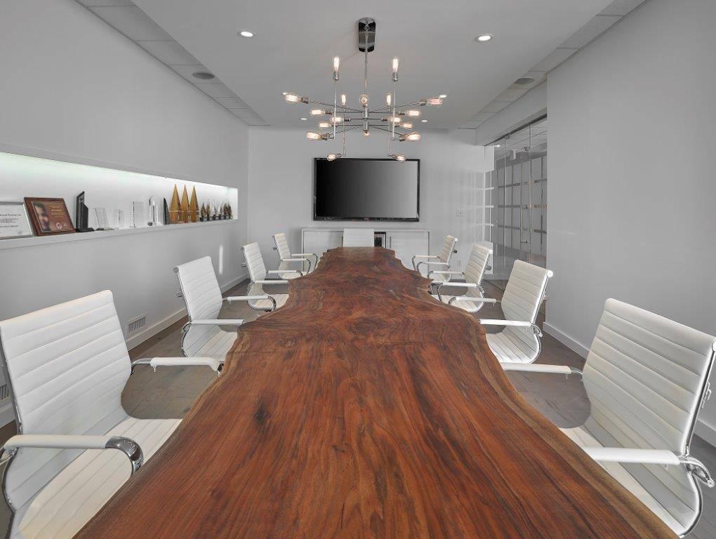 Canadian Black Walnut Dining Conference Table live edge with Cambria Quartz Base For Sale