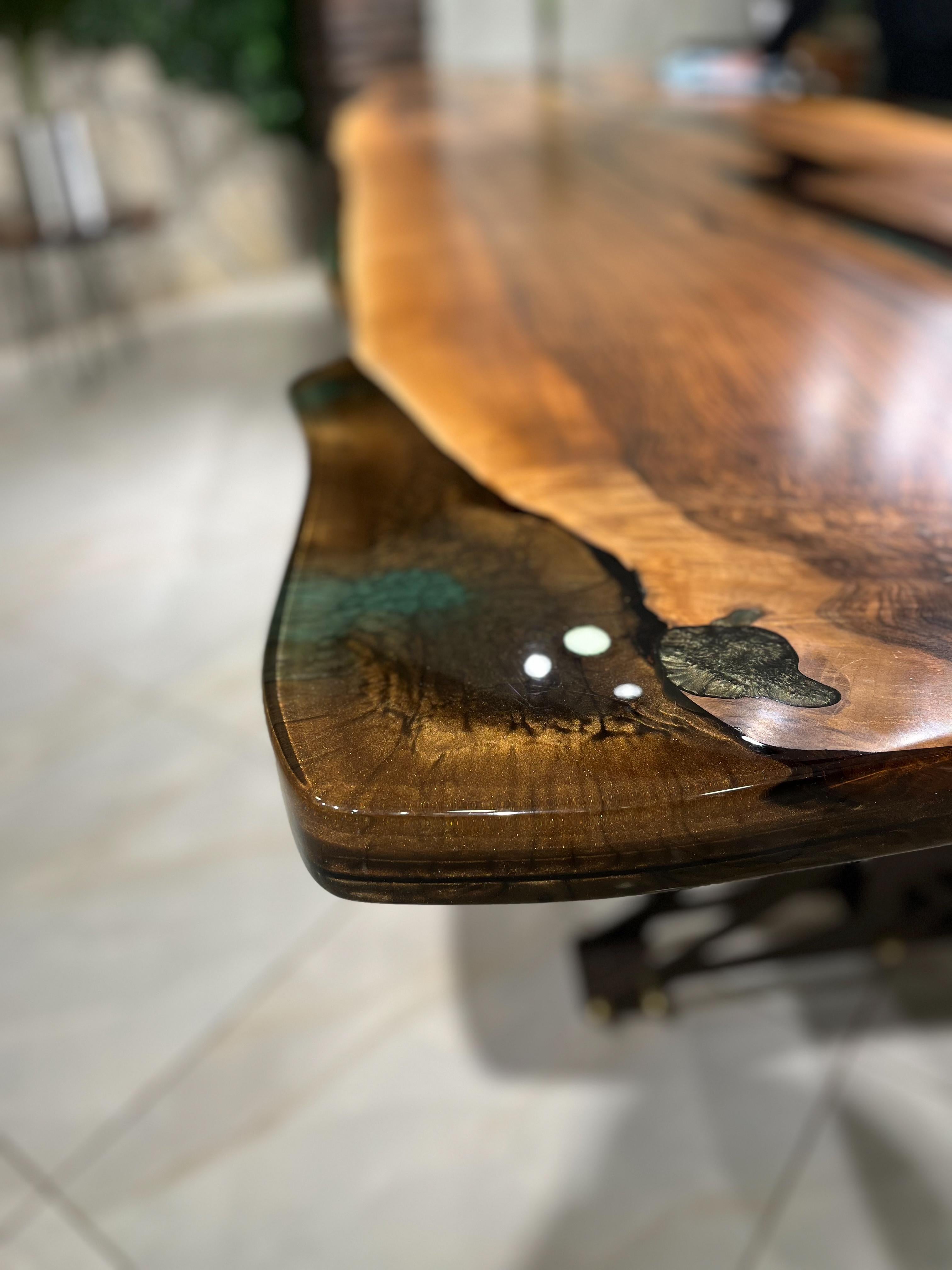 Turkish Live Edge Black Walnut Epoxy Resin Dining & Conference Room Table For Sale
