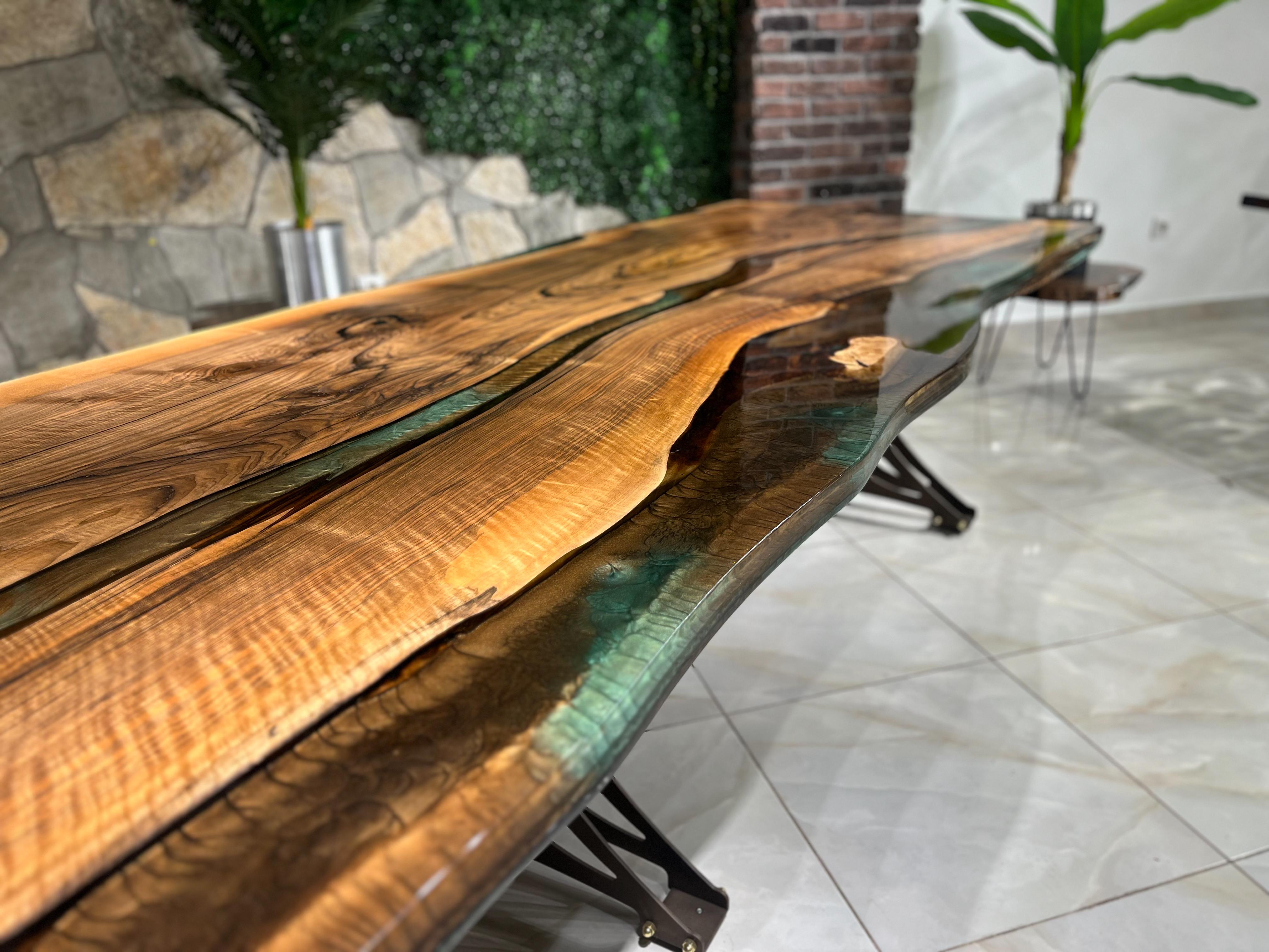 Hand-Carved Live Edge Black Walnut Epoxy Resin Dining & Conference Room Table For Sale