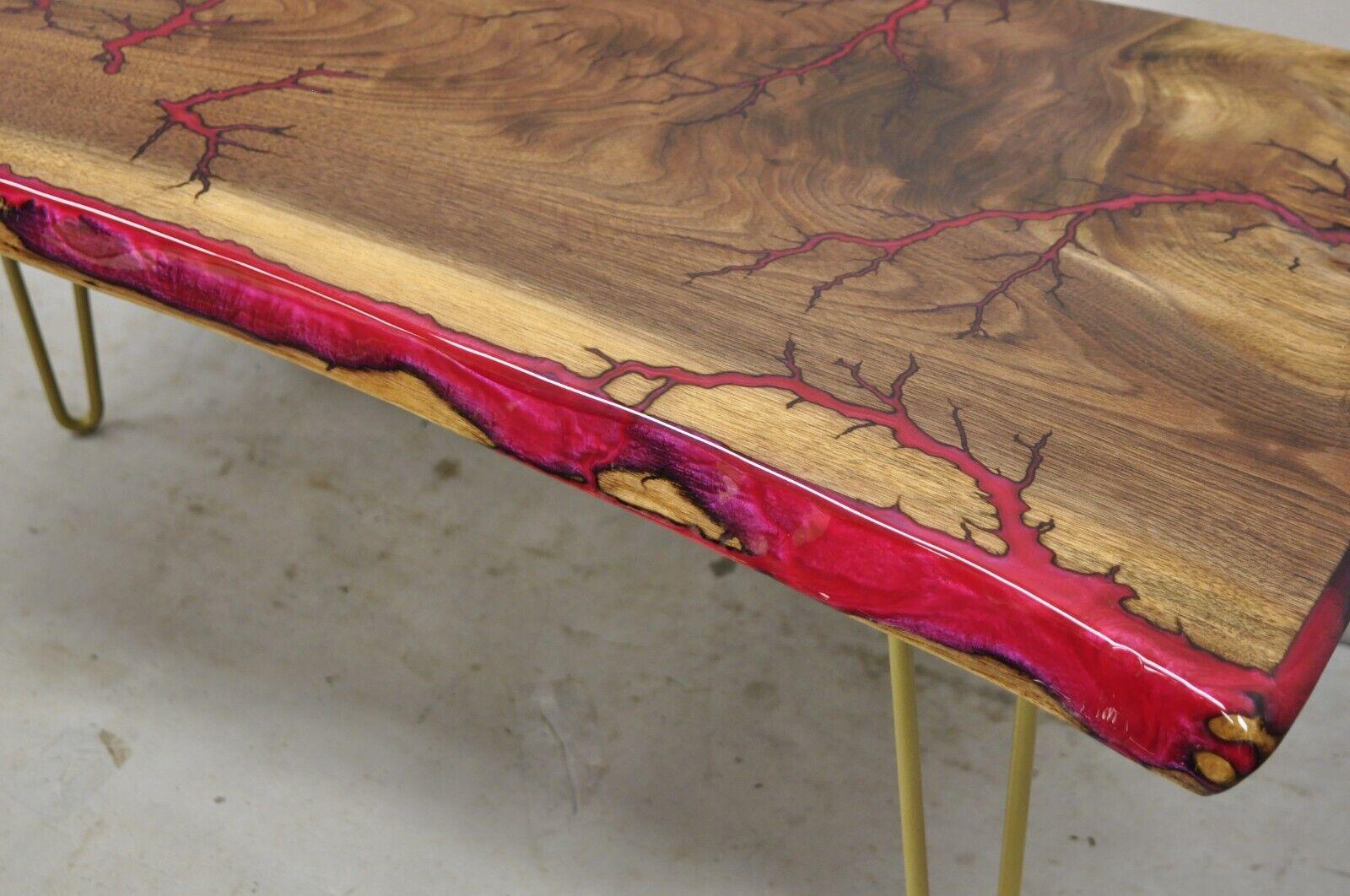Live Edge Black Walnut Surfboard Coffee Table Red Resin Lacquer Hairpin Legs For Sale 3