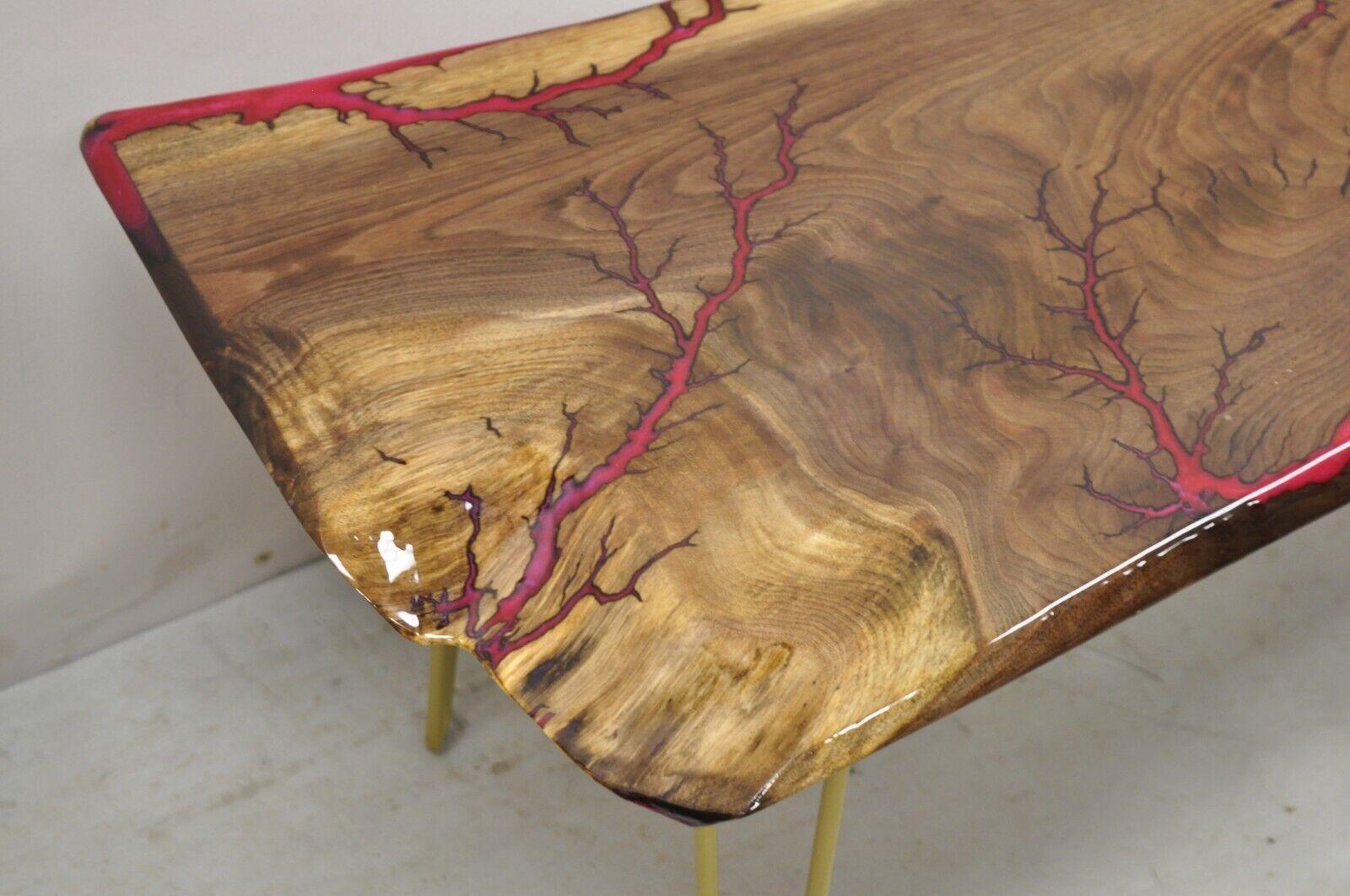 Mid-Century Modern Live Edge Black Walnut Surfboard Coffee Table Red Resin Lacquer Hairpin Legs For Sale