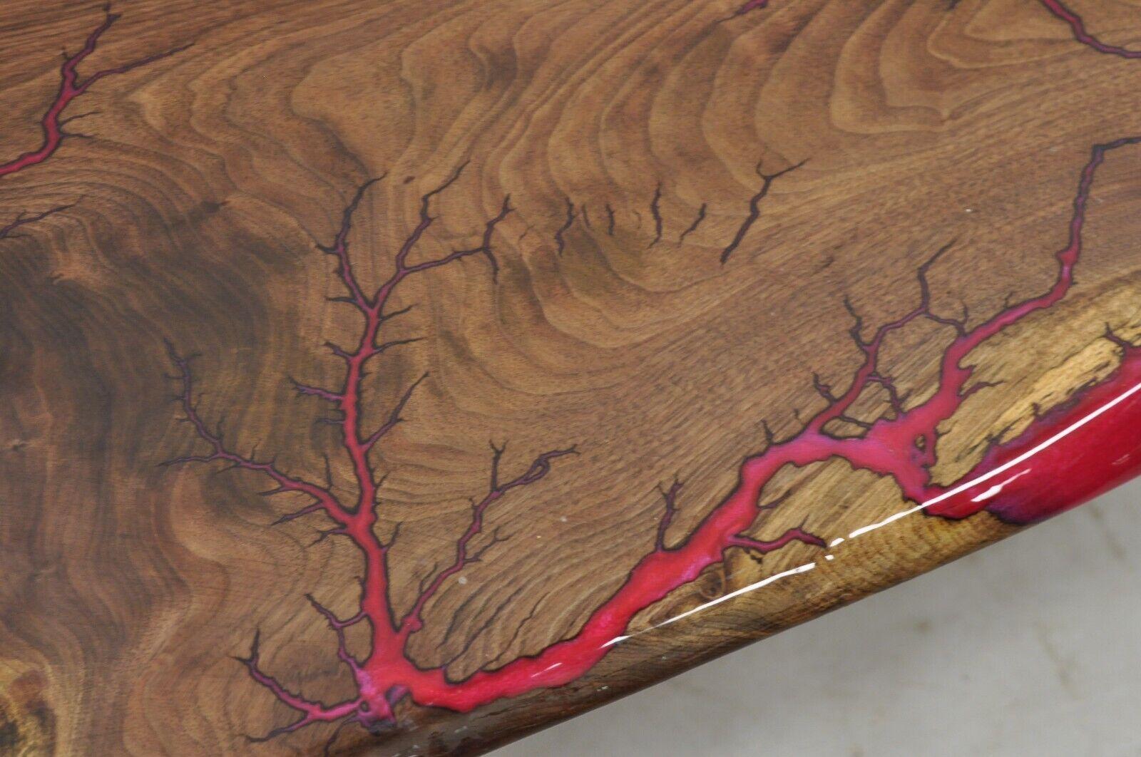 Live Edge Black Walnut Surfboard Coffee Table Red Resin Lacquer Hairpin Legs In Good Condition For Sale In Philadelphia, PA